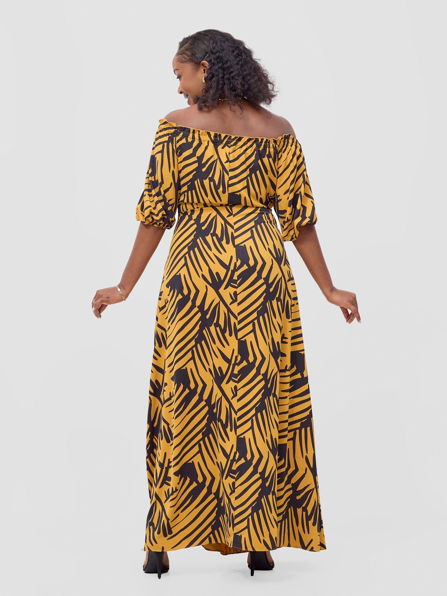 Vivo Ayla Bubble Sleeve Maxi Dress - Mustard / Black Lala Print