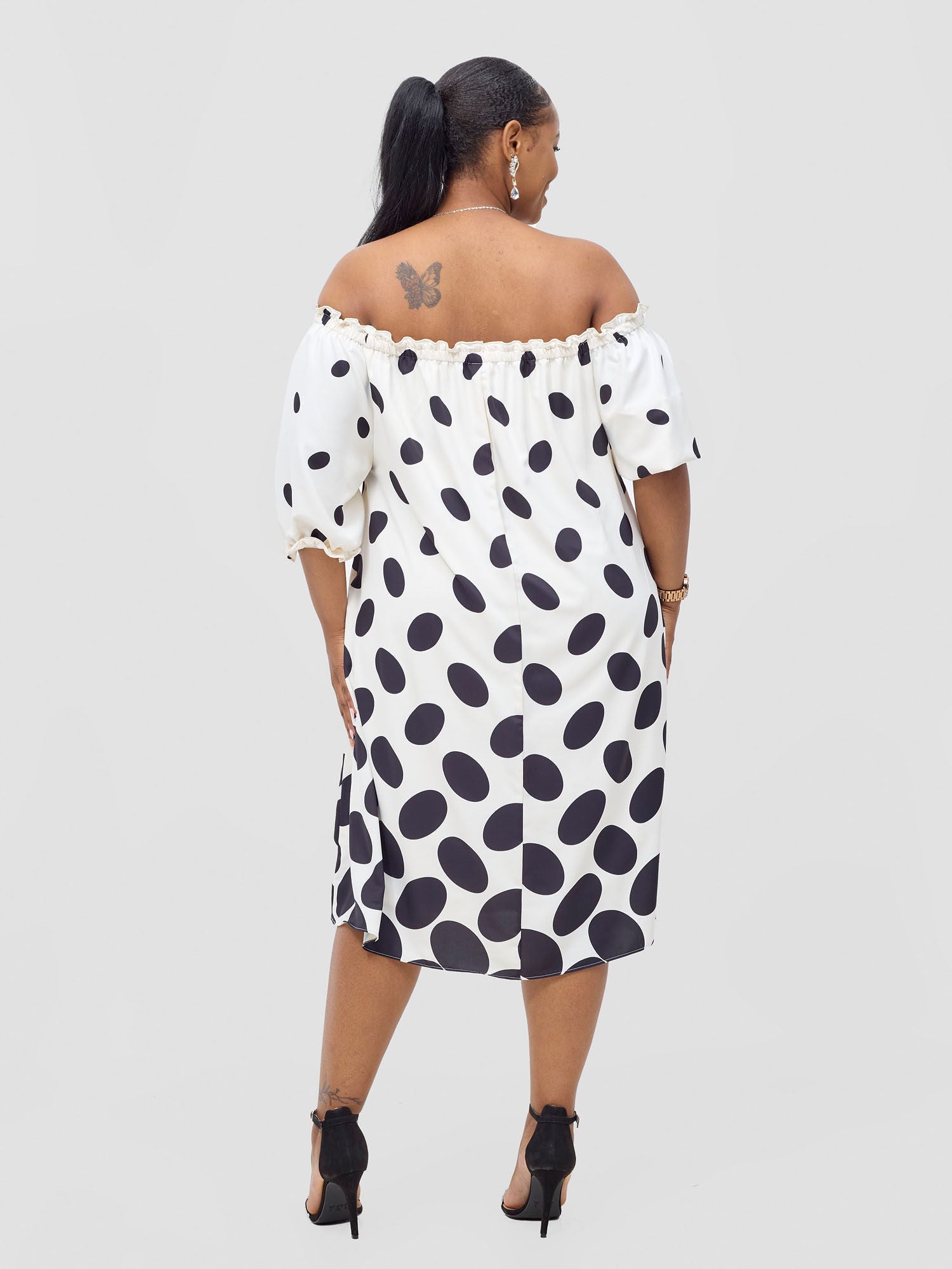 Vivo Ayla Off-Shoulder Dress - Cream / Black Meti Print