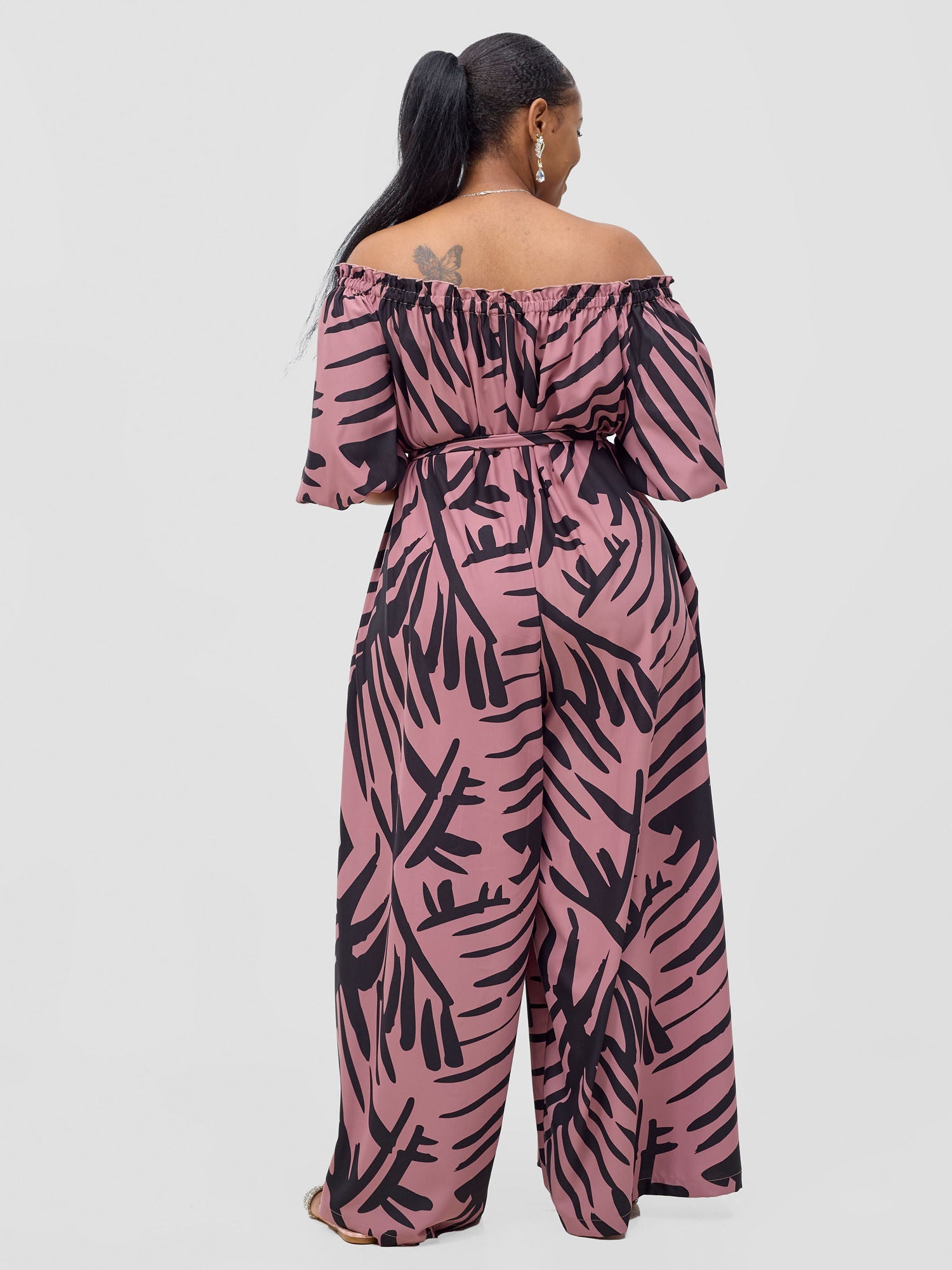 Vivo Ayla Off-Shoulder Jumpsuit - Blush Pink / Black Lala Print