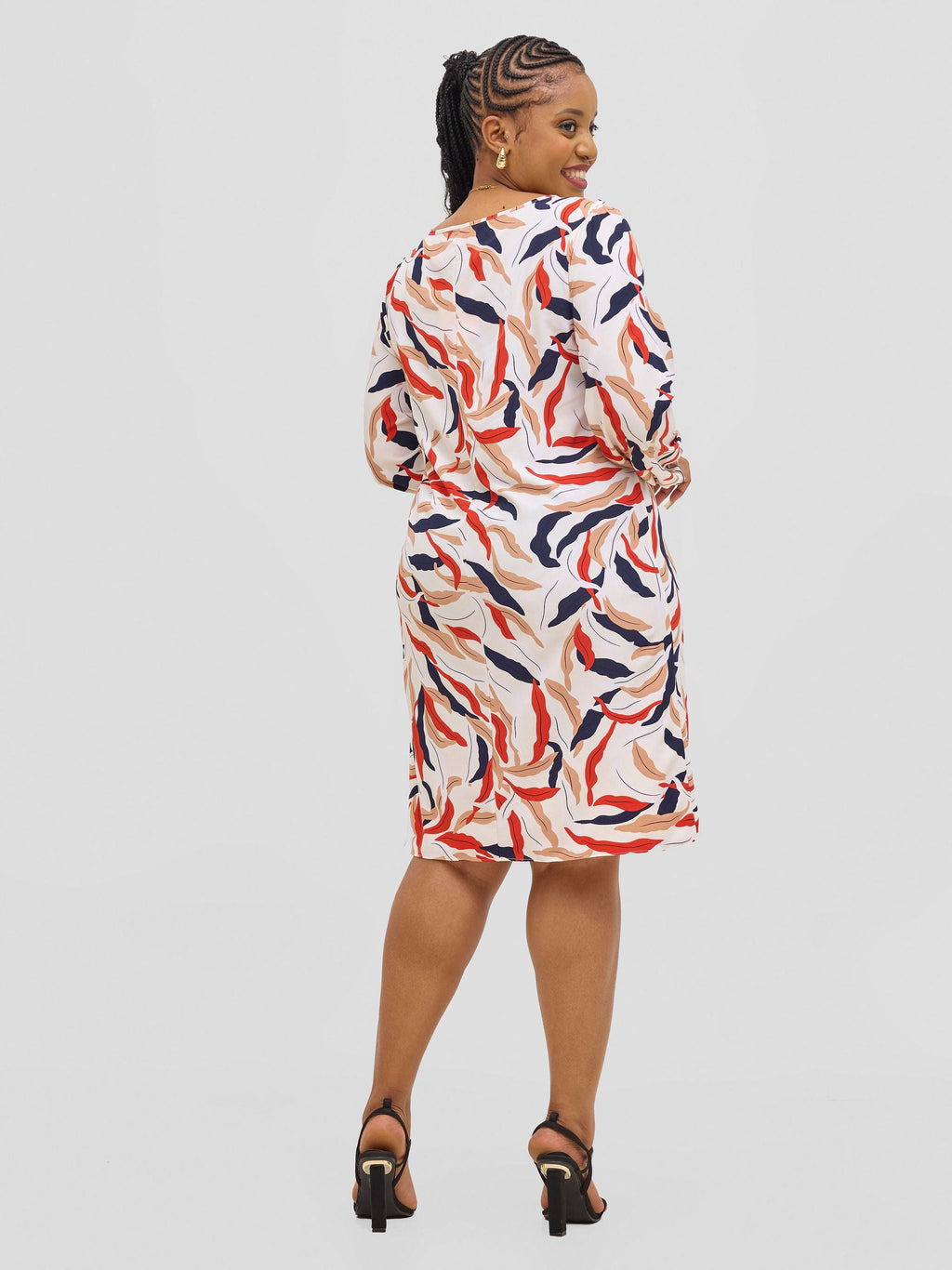 Vivo Jasiri Bishop Sleeve Shift Dress - Cream / Red Tiwi Print