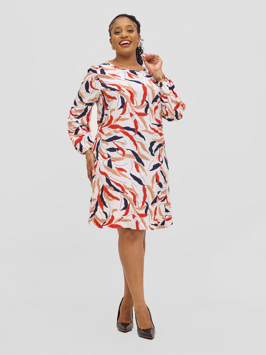 Vivo Jasiri Bishop Sleeve Shift Dress - Cream / Red Tiwi Print