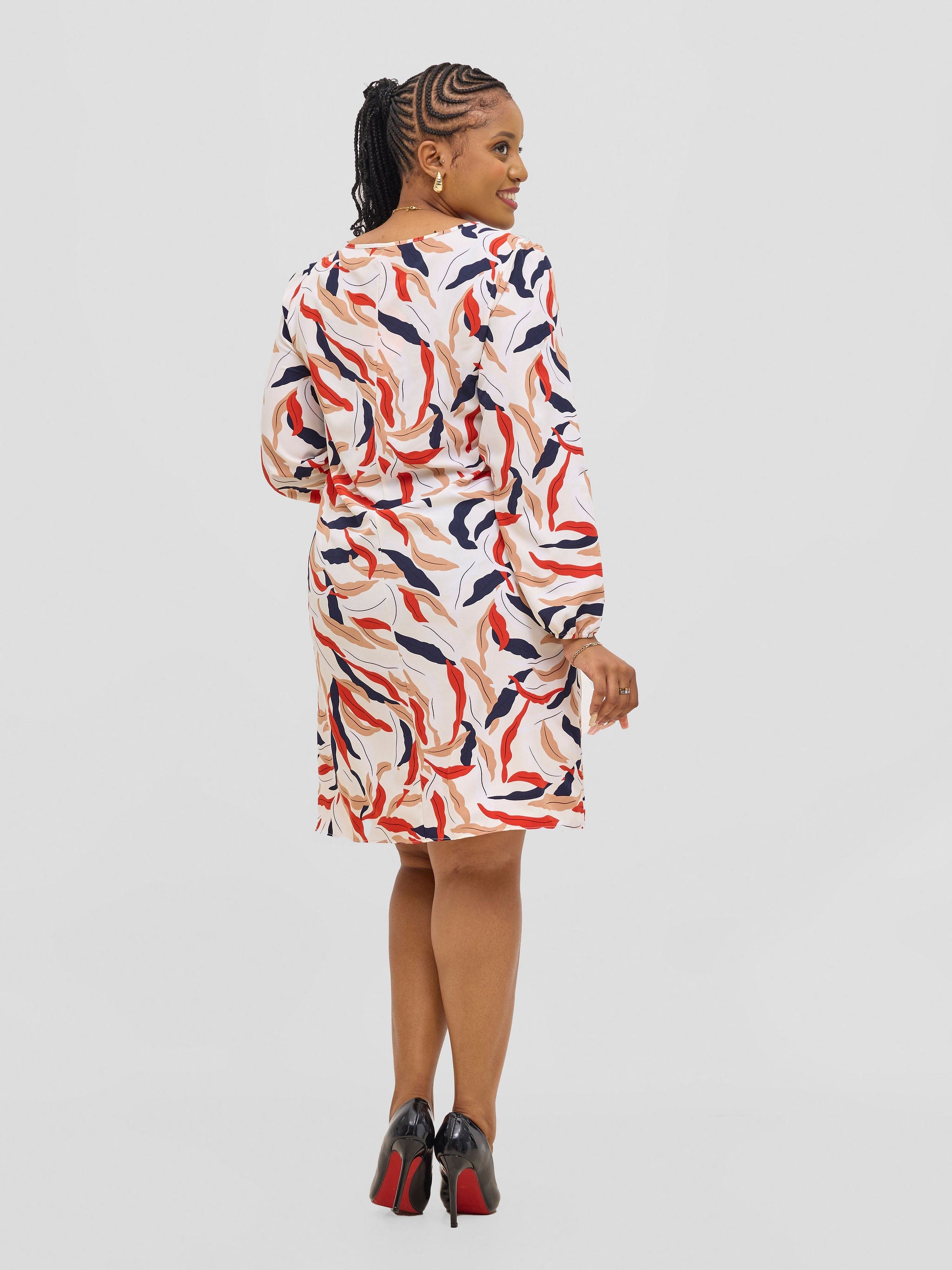 Vivo Jasiri Bishop Sleeve Shift Dress - Cream / Red Tiwi Print