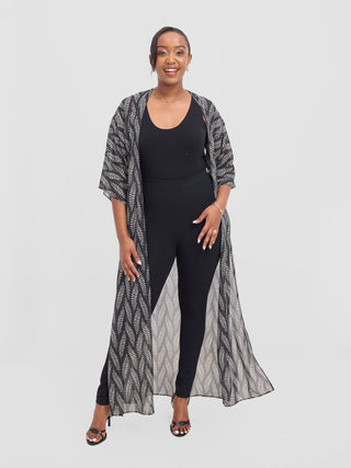 Vivo Basic Nandi A-Line Kimono - Black / White Off-white Nel Print