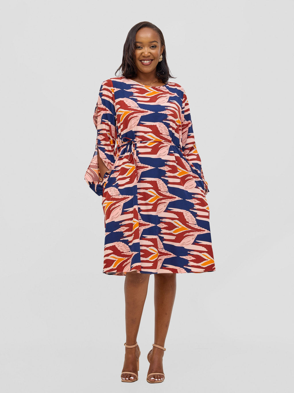 Vivo Tunu Long Slit Sleeve Knee Length Shift Dress - Navy / Burgundy Print
