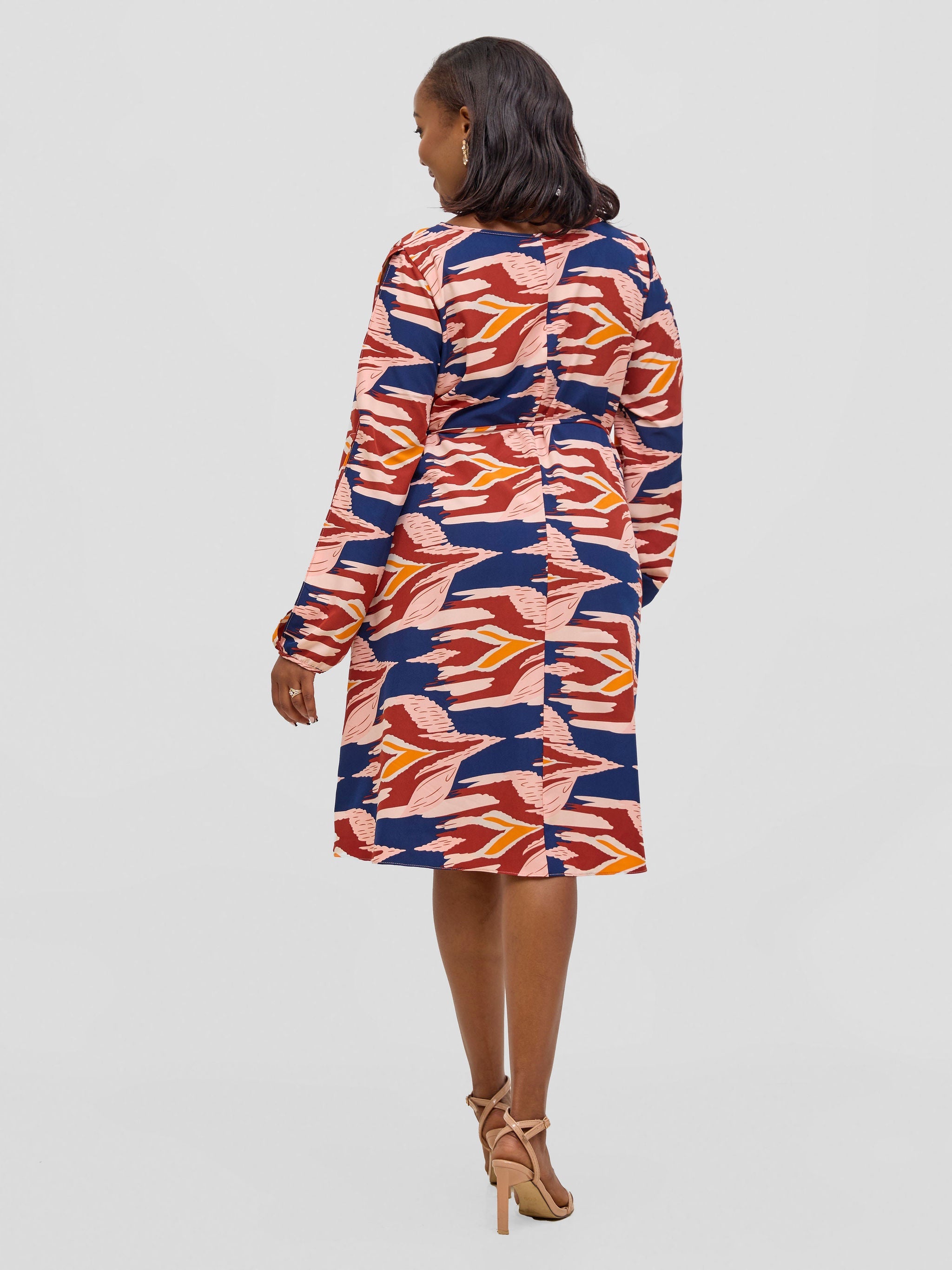 Vivo Tunu Long Slit Sleeve Knee Length Shift Dress - Navy / Burgundy Print