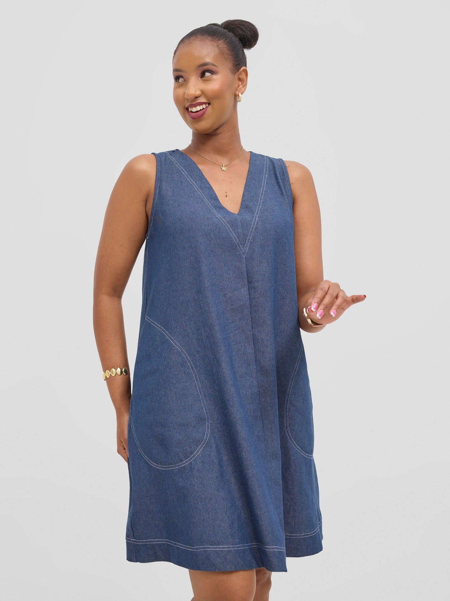 Vivo Seli V-Neck Length Dress - Navy Blue