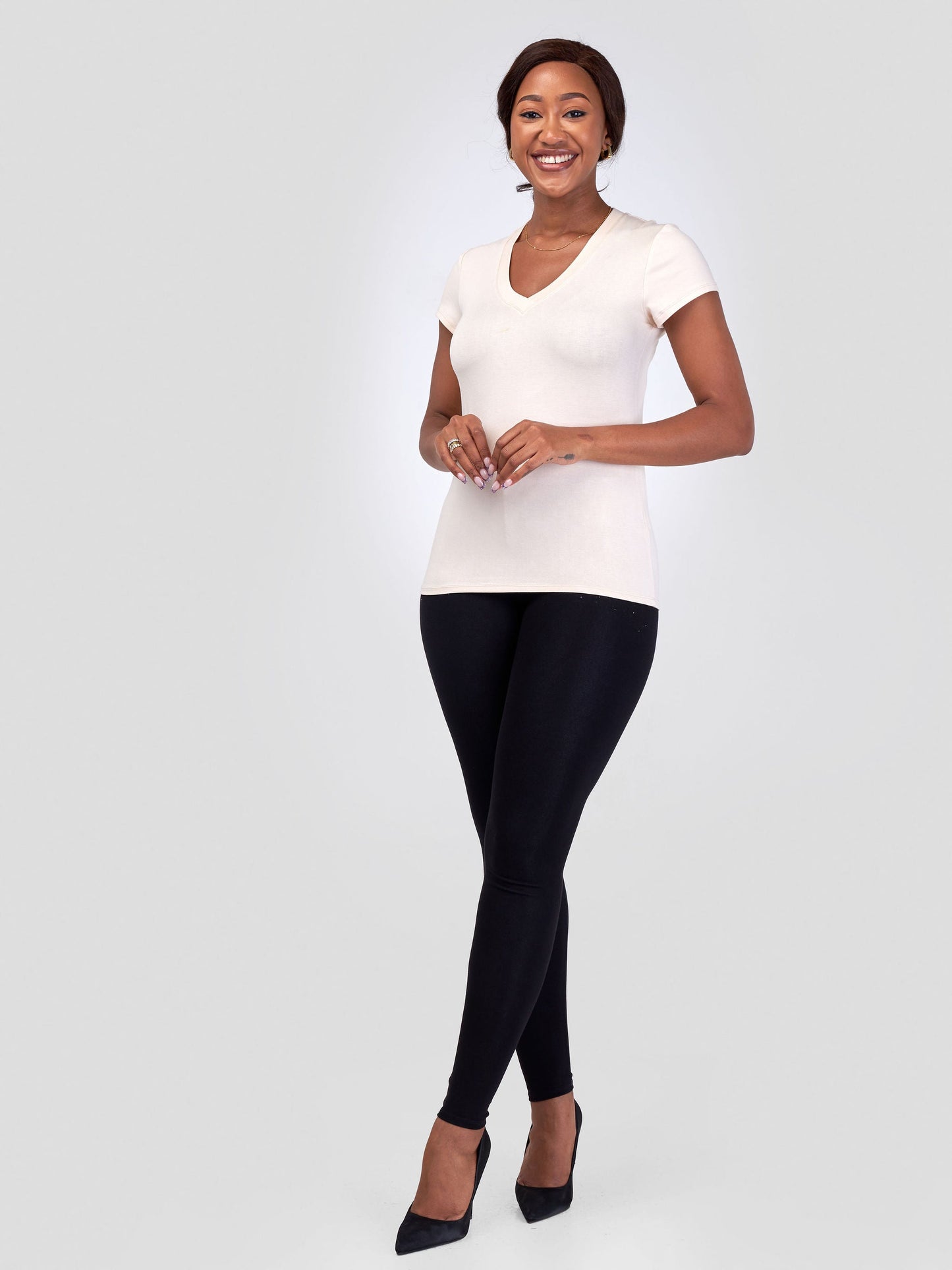 Vivo Basic V-neck Cap Sleeve Top - Buttermilk