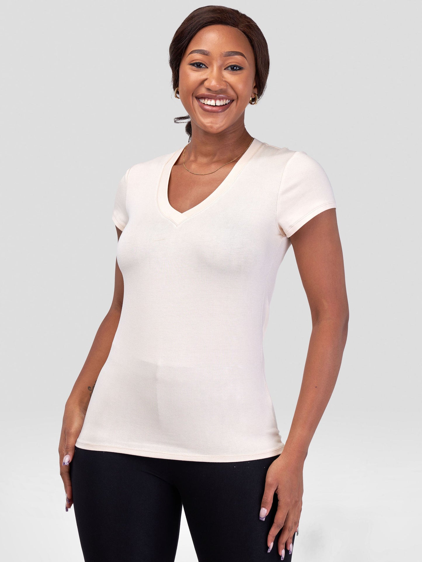 Vivo Basic V-neck Cap Sleeve Top - Buttermilk