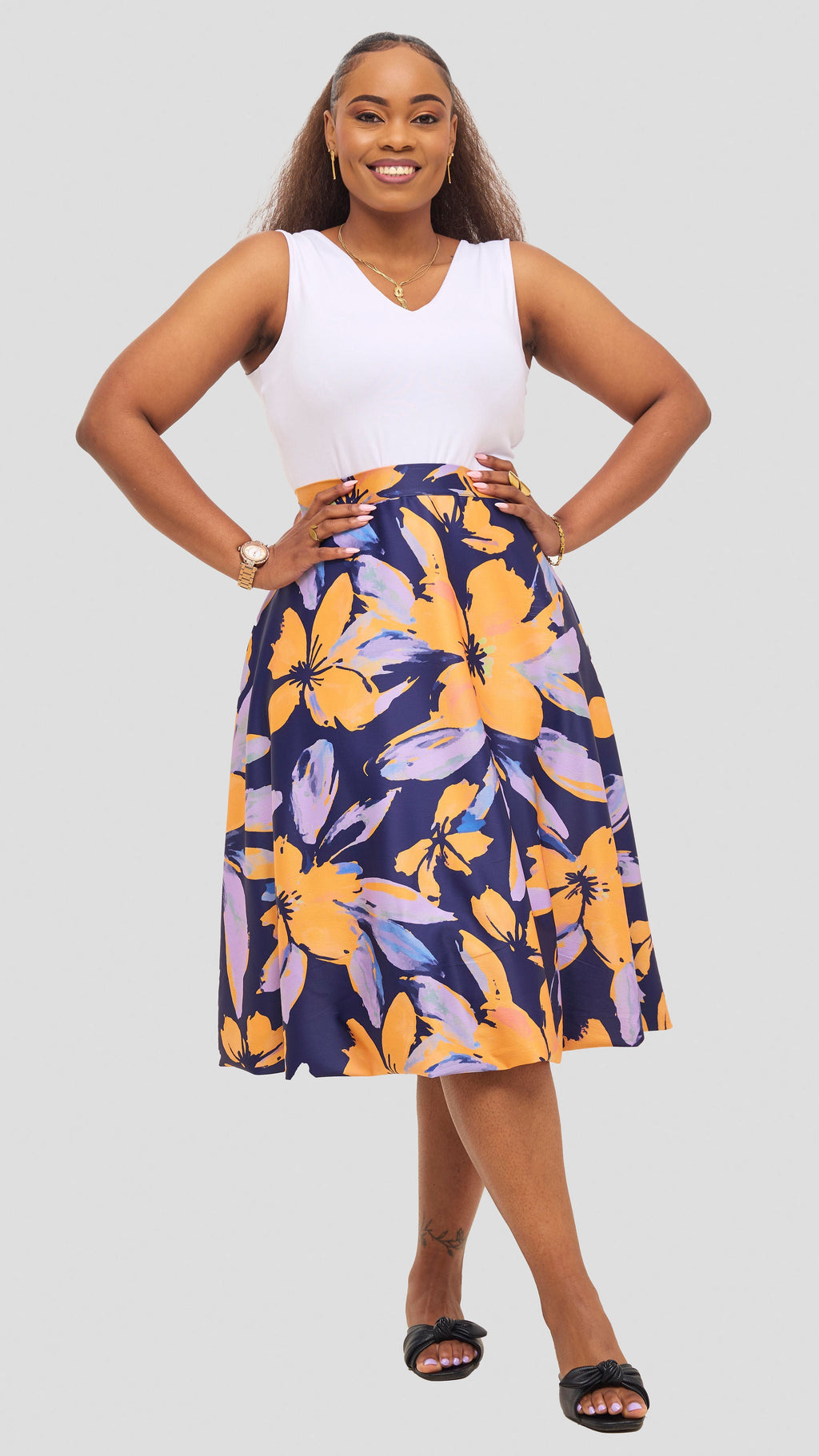 Vivo  Iyana Bubble Midi Skirt - Yellow / Lilac Iya Print