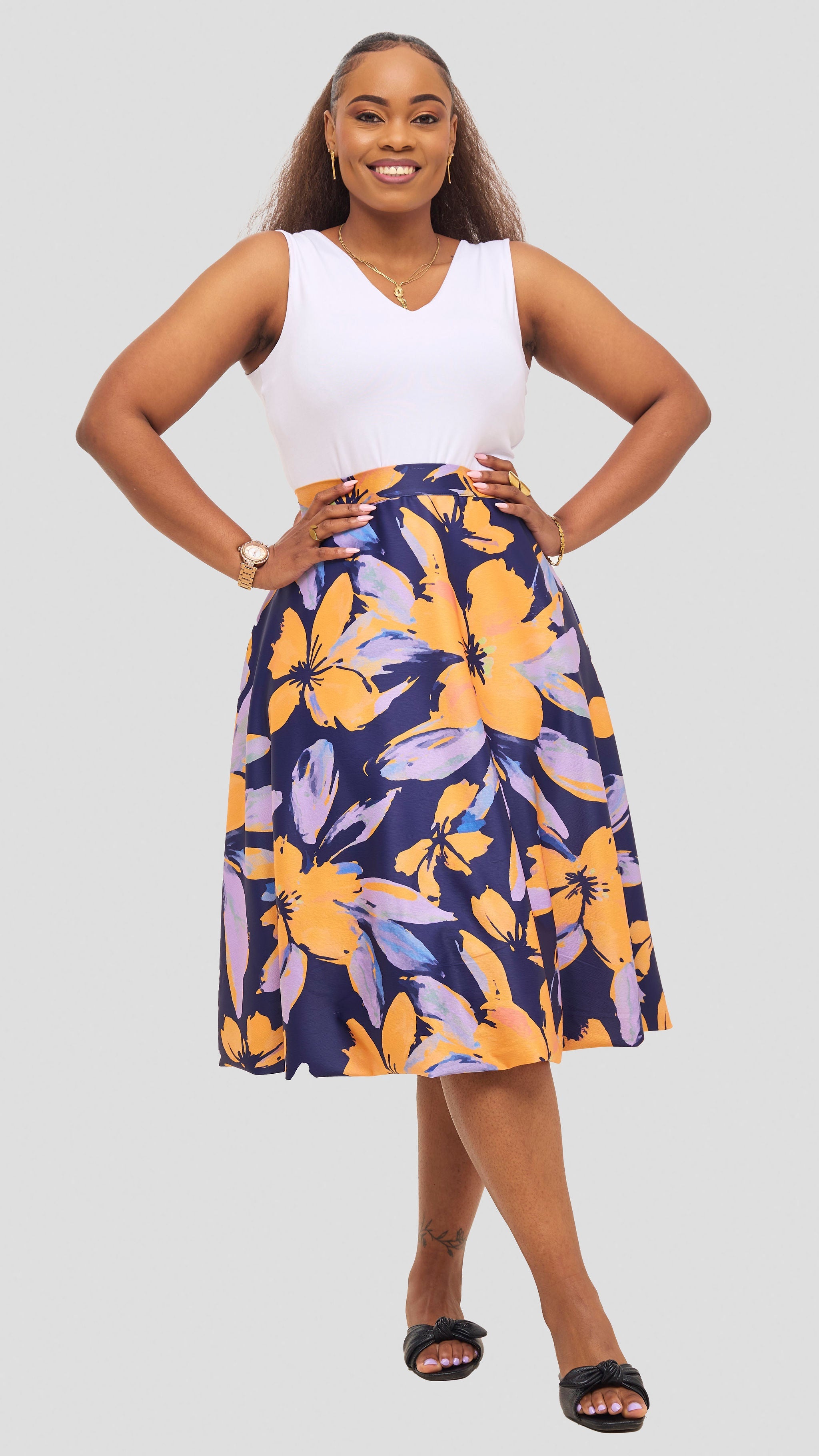 Vivo  Iyana Bubble Midi Skirt - Yellow / Lilac Iya Print