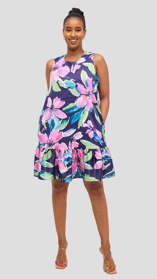 Vivo Iyana Bow Tie Mini Dress - Green / Pink Iya Print