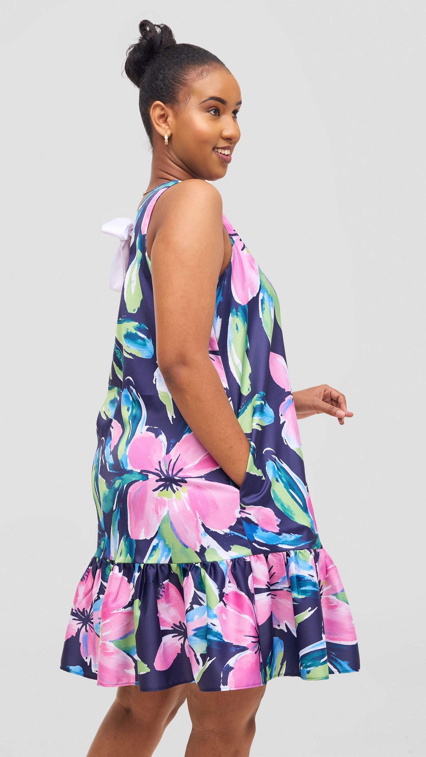 Vivo Iyana Bow Tie Mini Dress - Green / Pink Iya Print