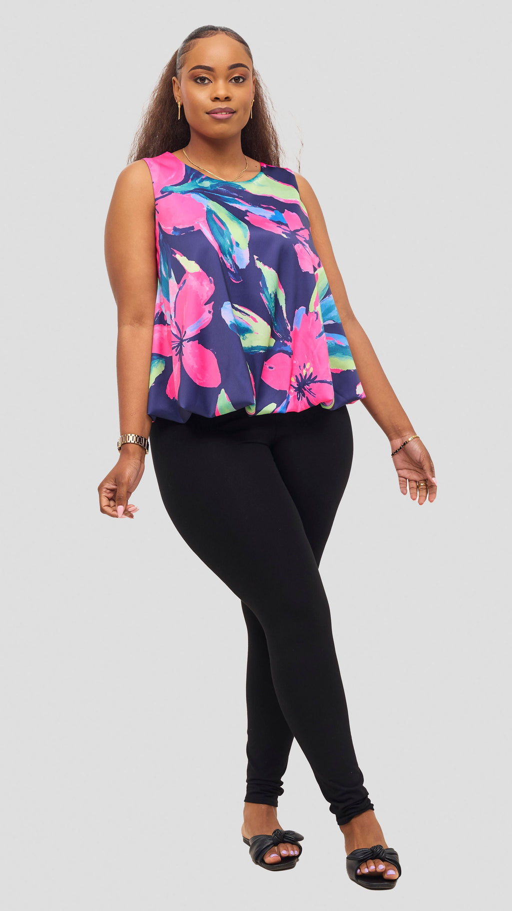 Vivo Iyana Bubble Sleeveless Top - Fuschia / Green Iya Print