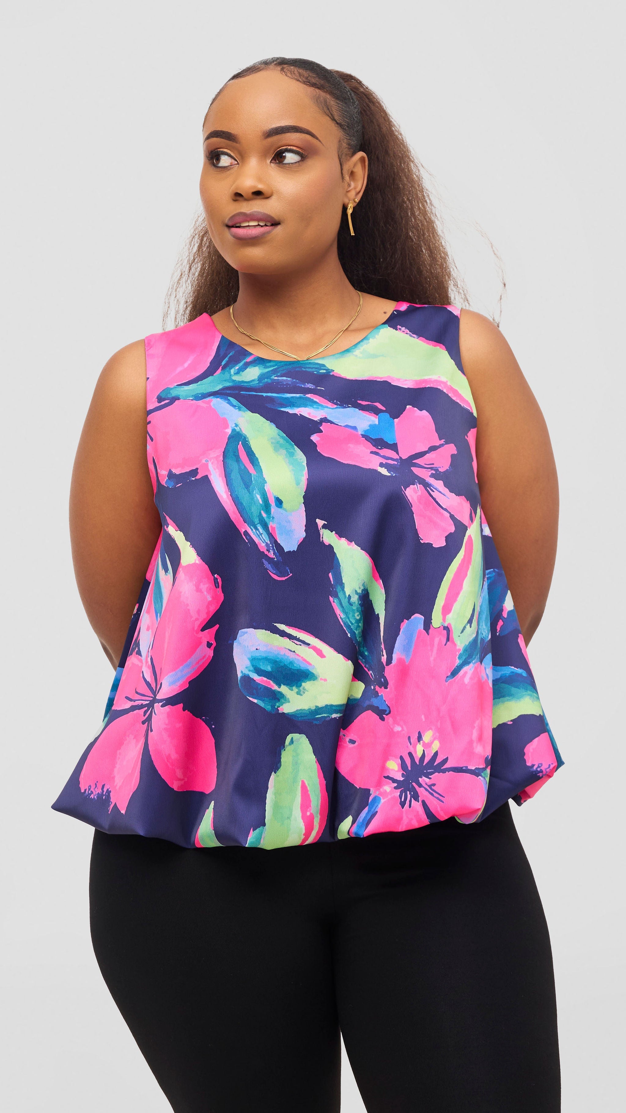 Vivo Iyana Bubble Sleeveless Top - Fuschia / Green Iya Print