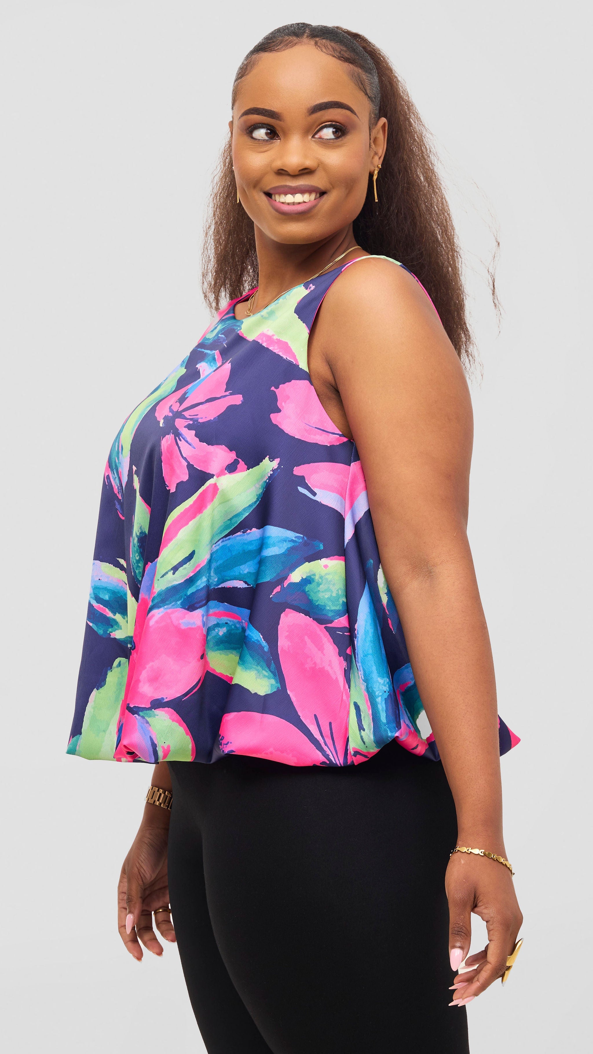 Vivo Iyana Bubble Sleeveless Top - Fuschia / Green Iya Print