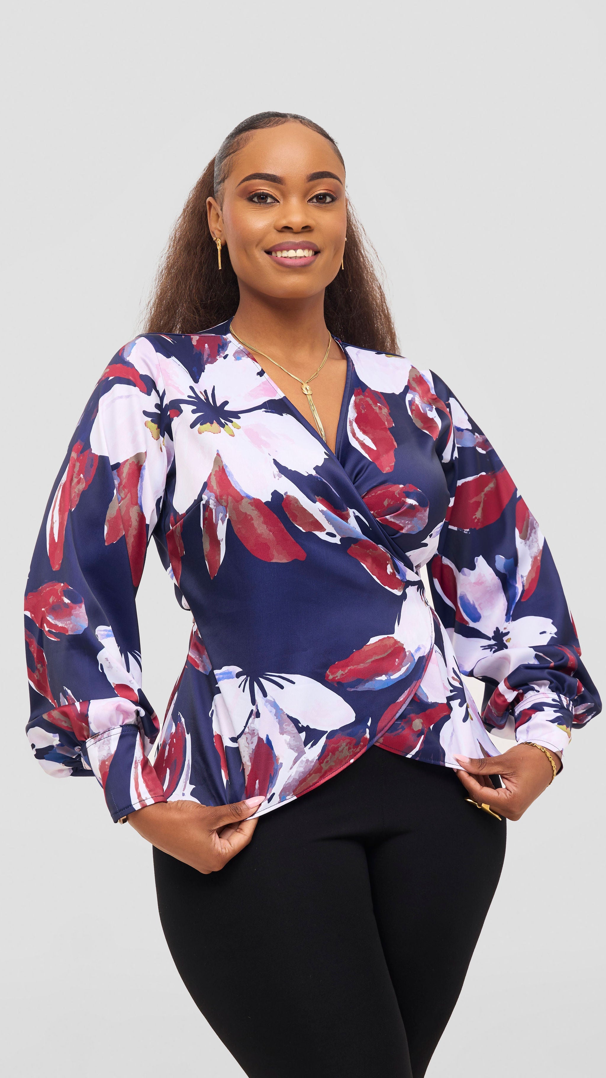 Vivo Merika Satin Wrap Top - Navy / Dark Red Iya Print