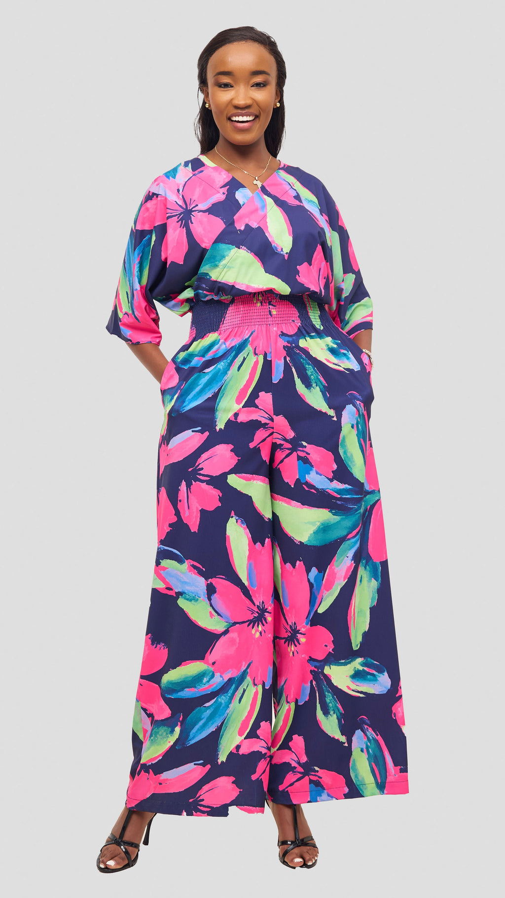 Vivo Iyana Shirred Waist Jumpsuit - Fushia / Green Iya Print