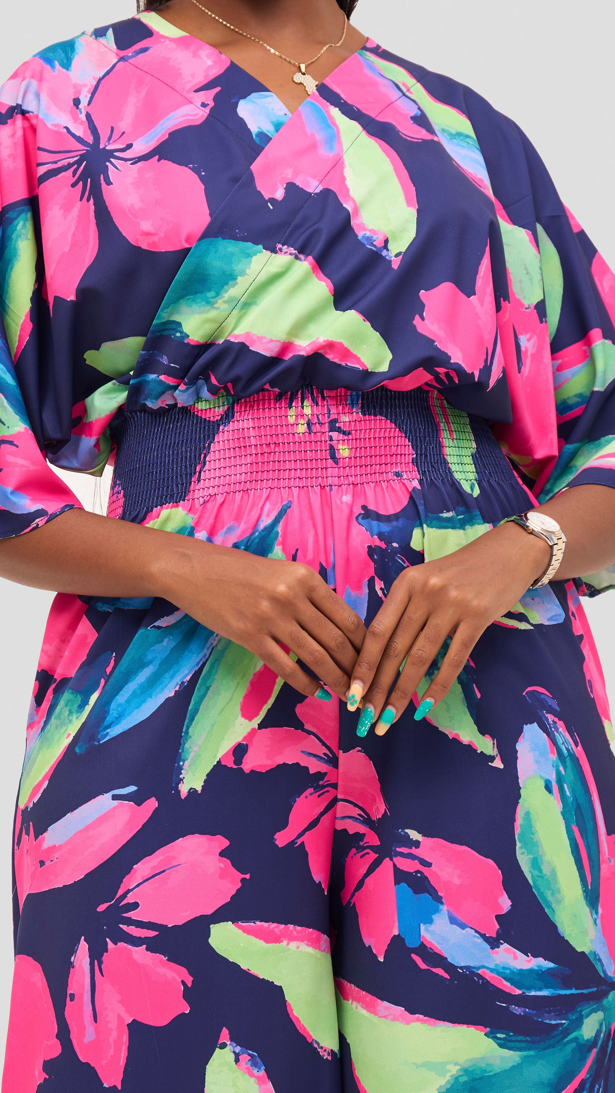 Vivo Iyana Shirred Waist Jumpsuit - Fushia / Green Iya Print