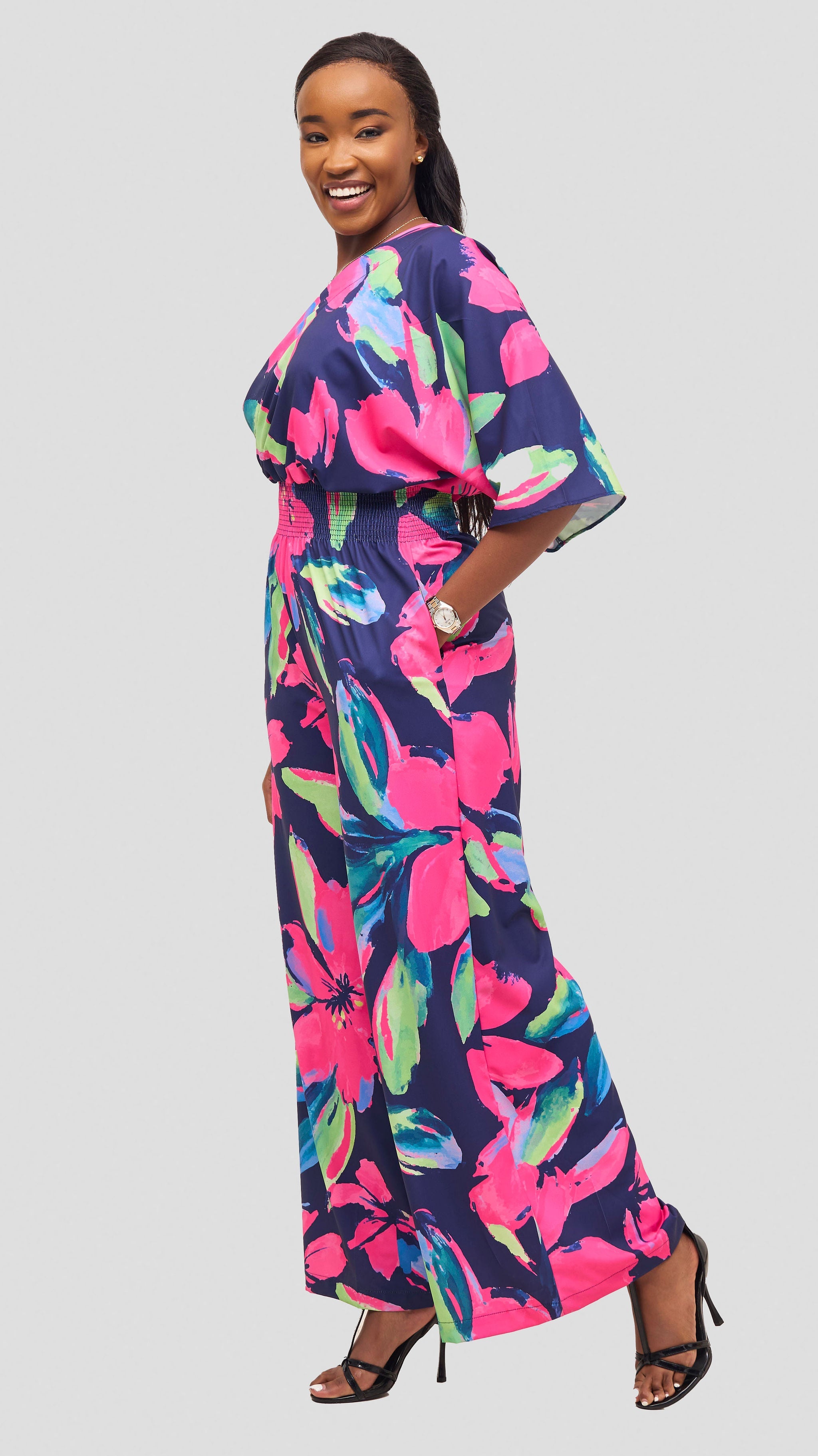 Vivo Iyana Shirred Waist Jumpsuit - Fushia / Green Iya Print