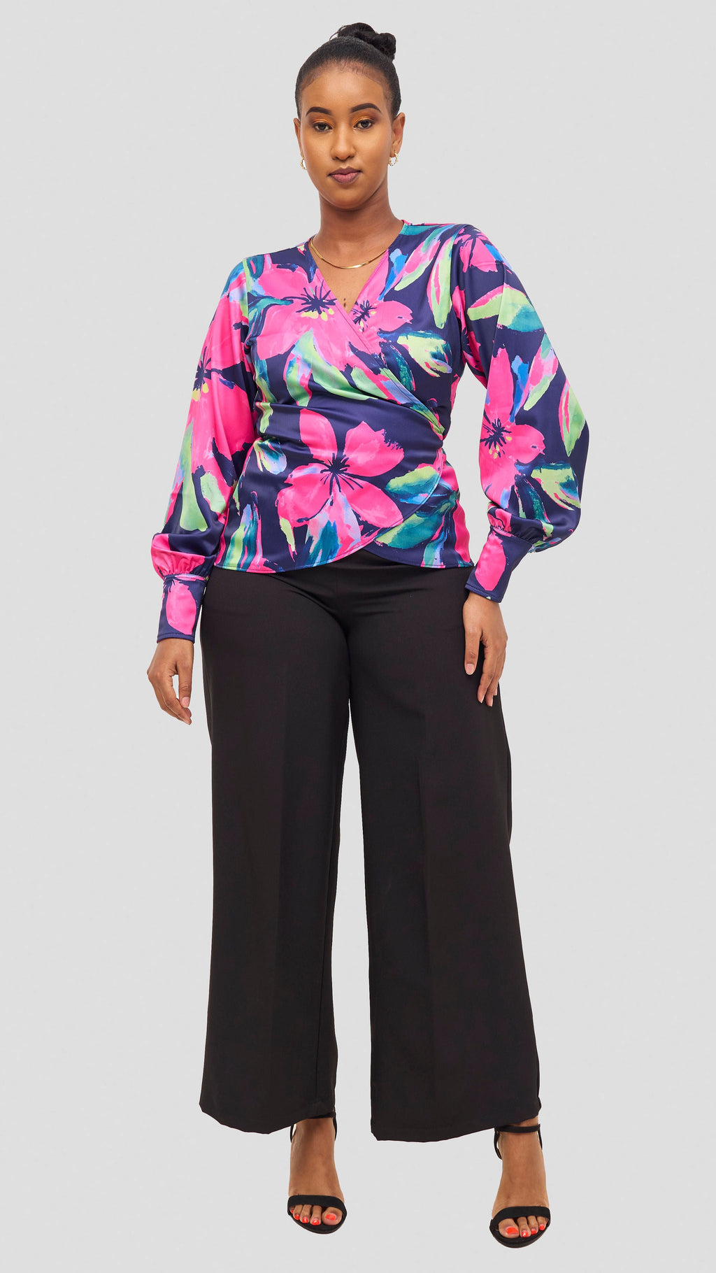 Vivo Merika Satin Wrap Top -  Fuschia / Green Iya Print