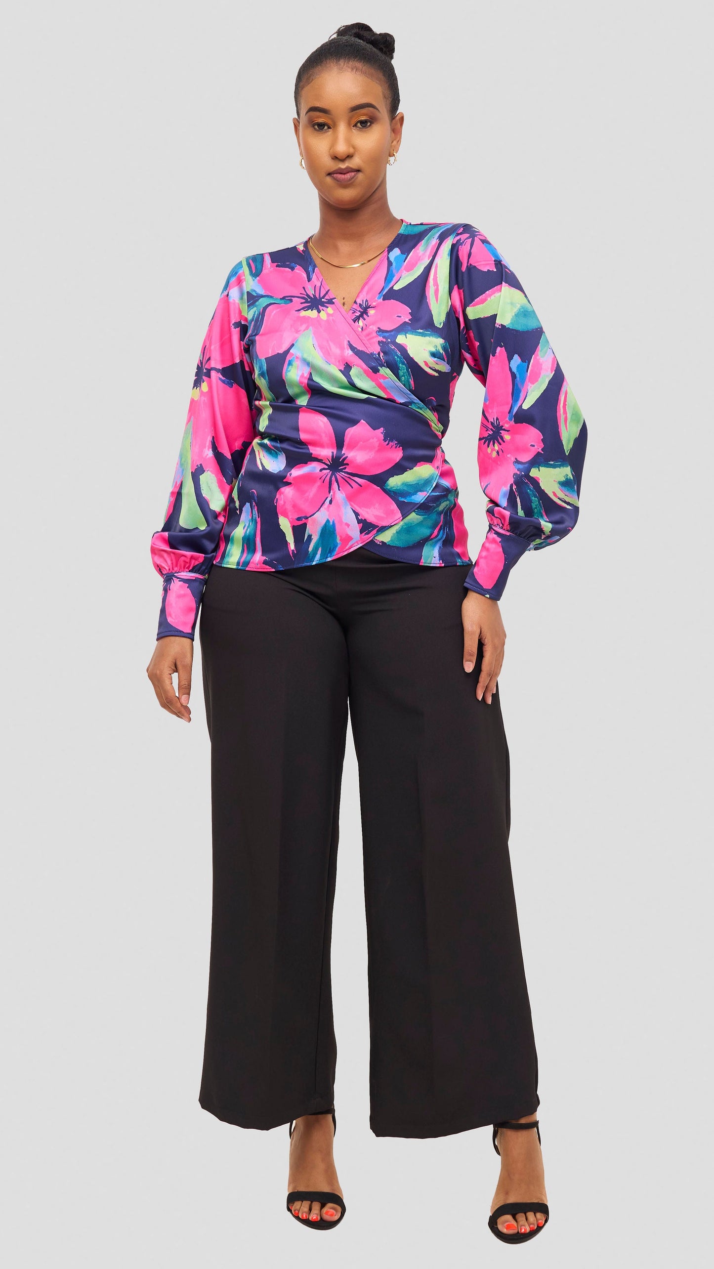 Vivo Merika Satin Wrap Top -  Fuschia / Green Iya Print