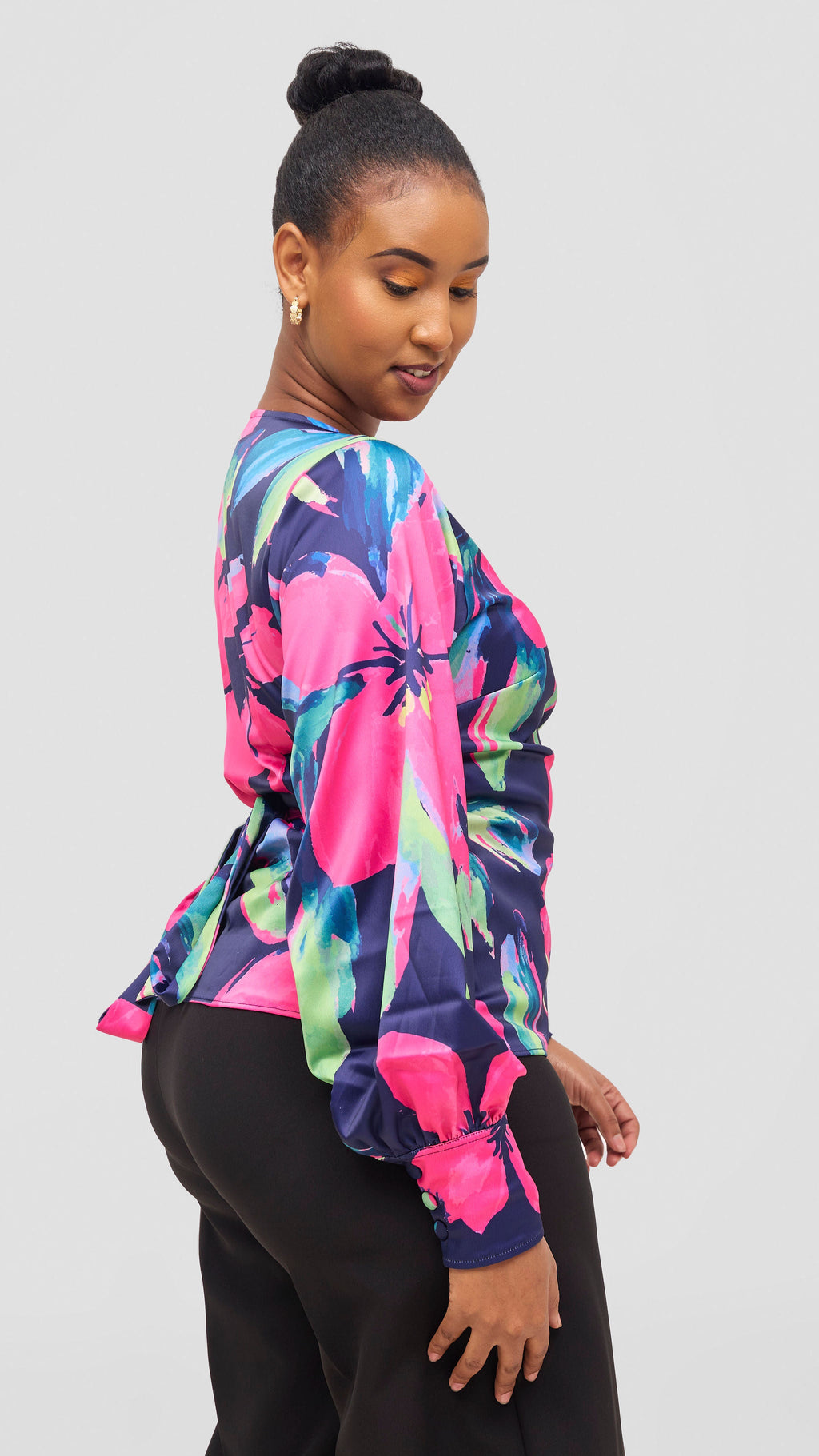Vivo Merika Satin Wrap Top -  Fuschia / Green Iya Print