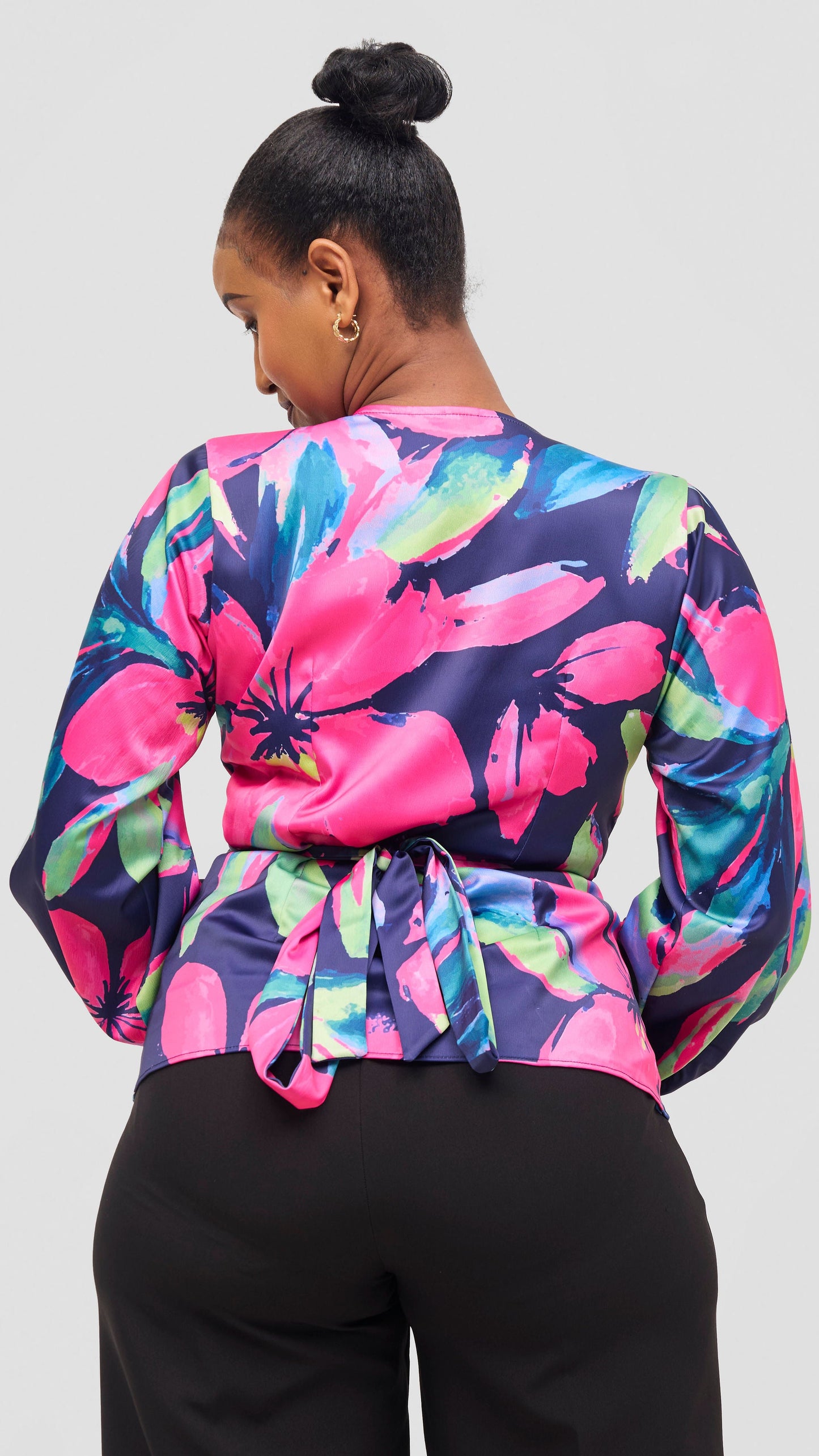 Vivo Merika Satin Wrap Top -  Fuschia / Green Iya Print