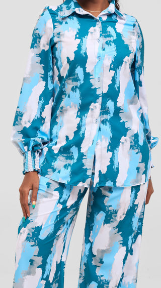Vivo Wastani Shirred Sleeve Easy Fit Shirt - Light Blue / Teal Marra Print