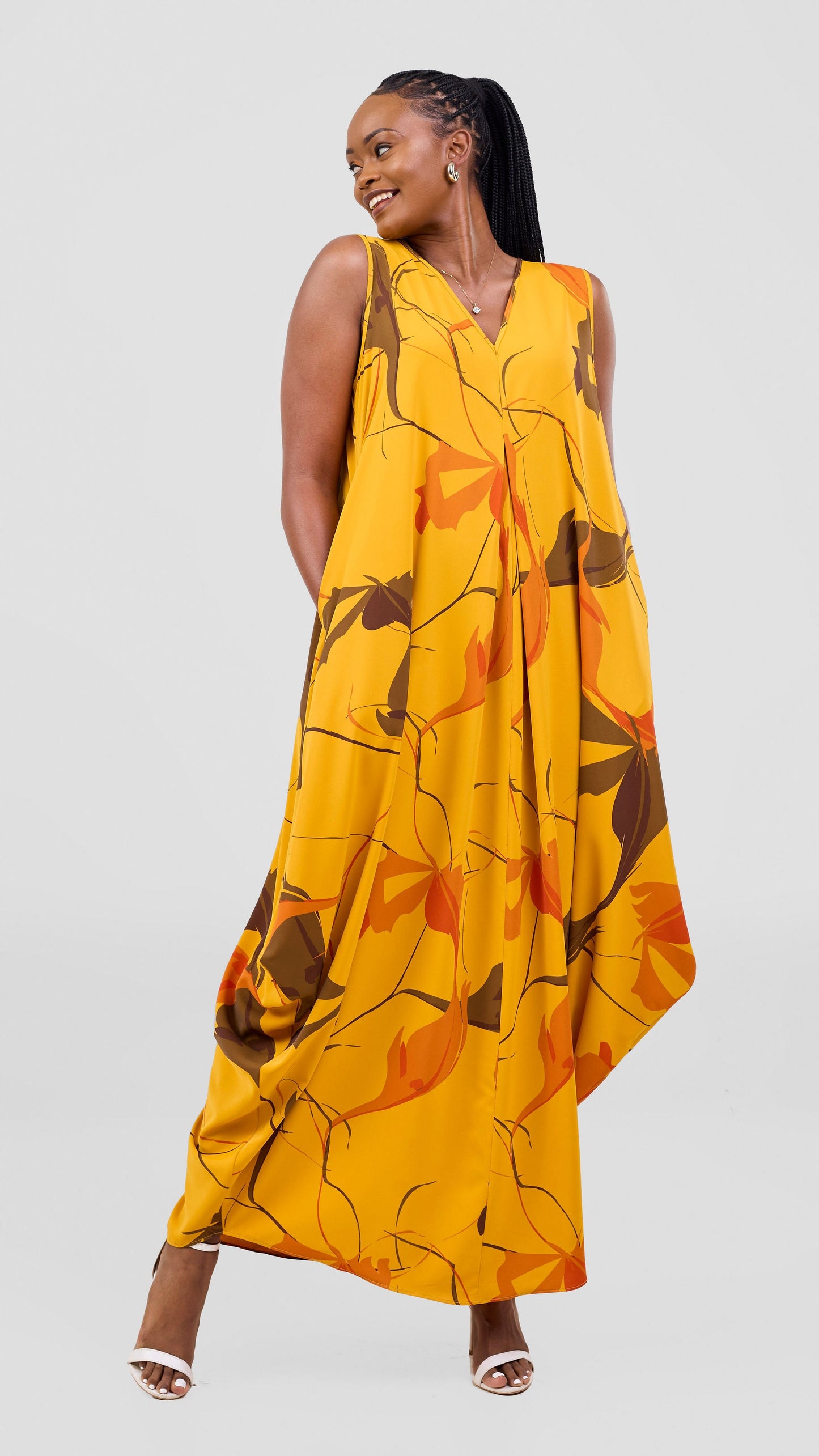 Vivo Kemi Side Cowl Maxi Dress - Light Mustard / Orange Emi Print