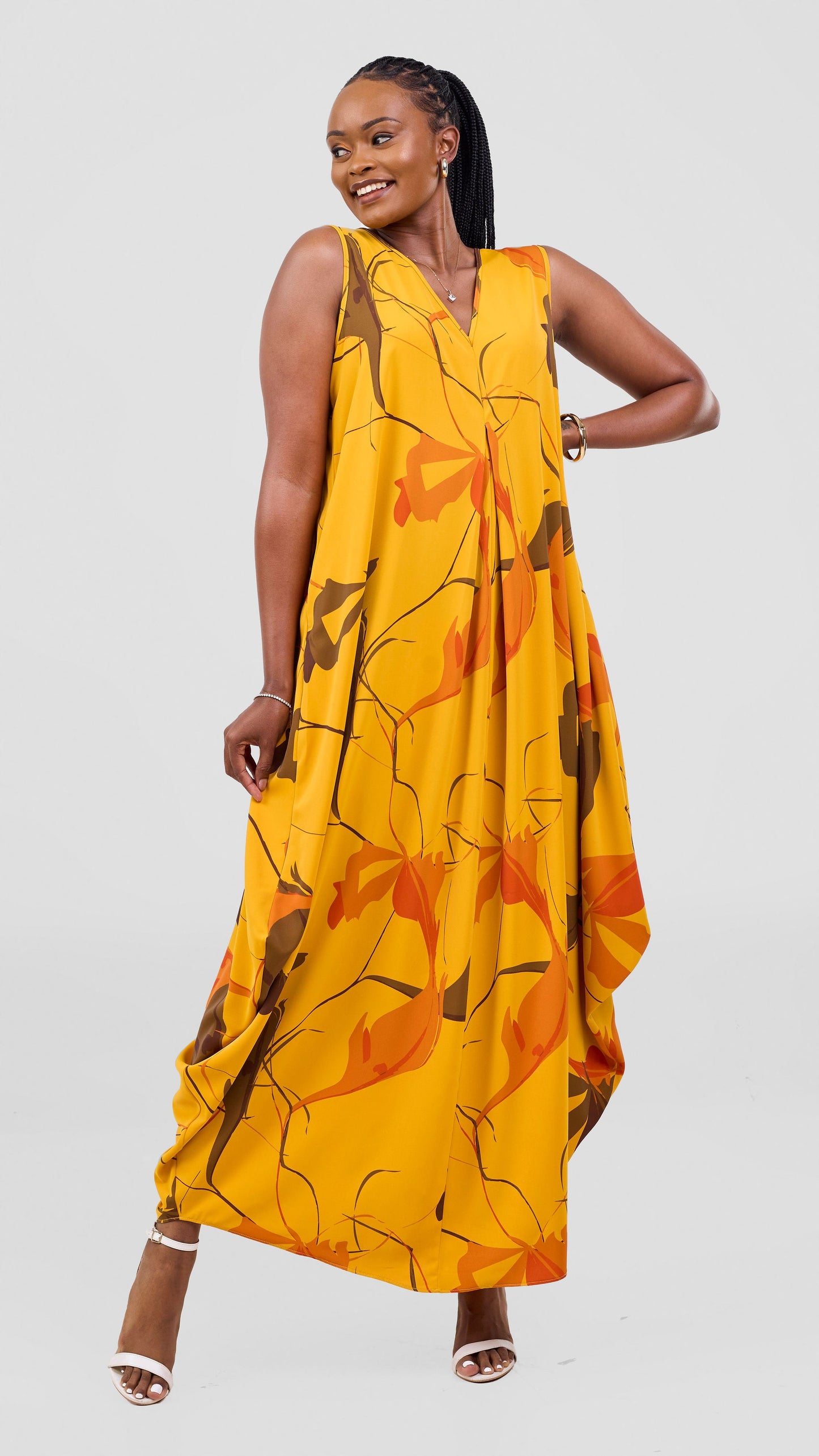Vivo Kemi Side Cowl Maxi Dress - Light Mustard / Orange Emi Print