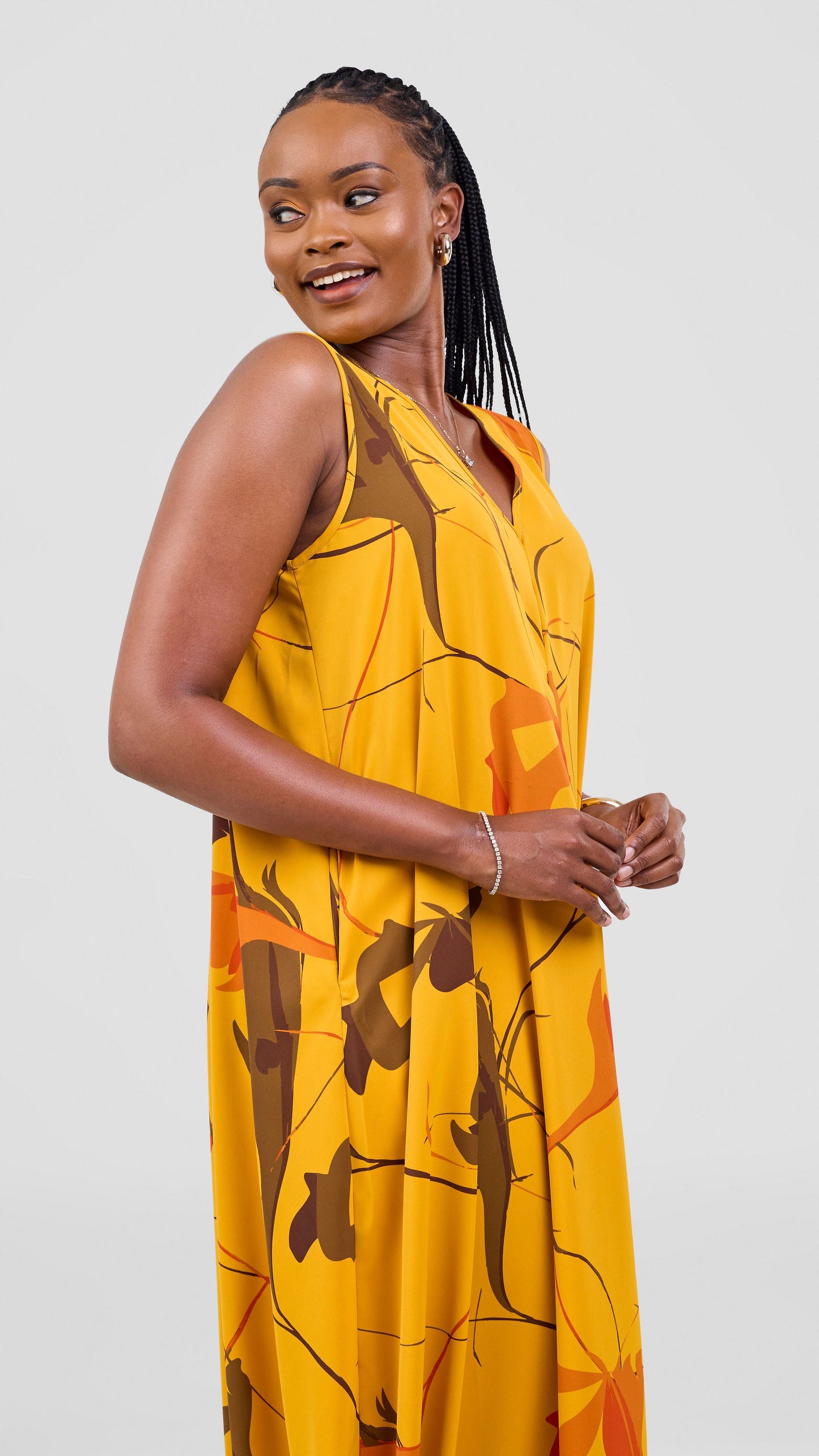 Vivo Kemi Side Cowl Maxi Dress - Light Mustard / Orange Emi Print