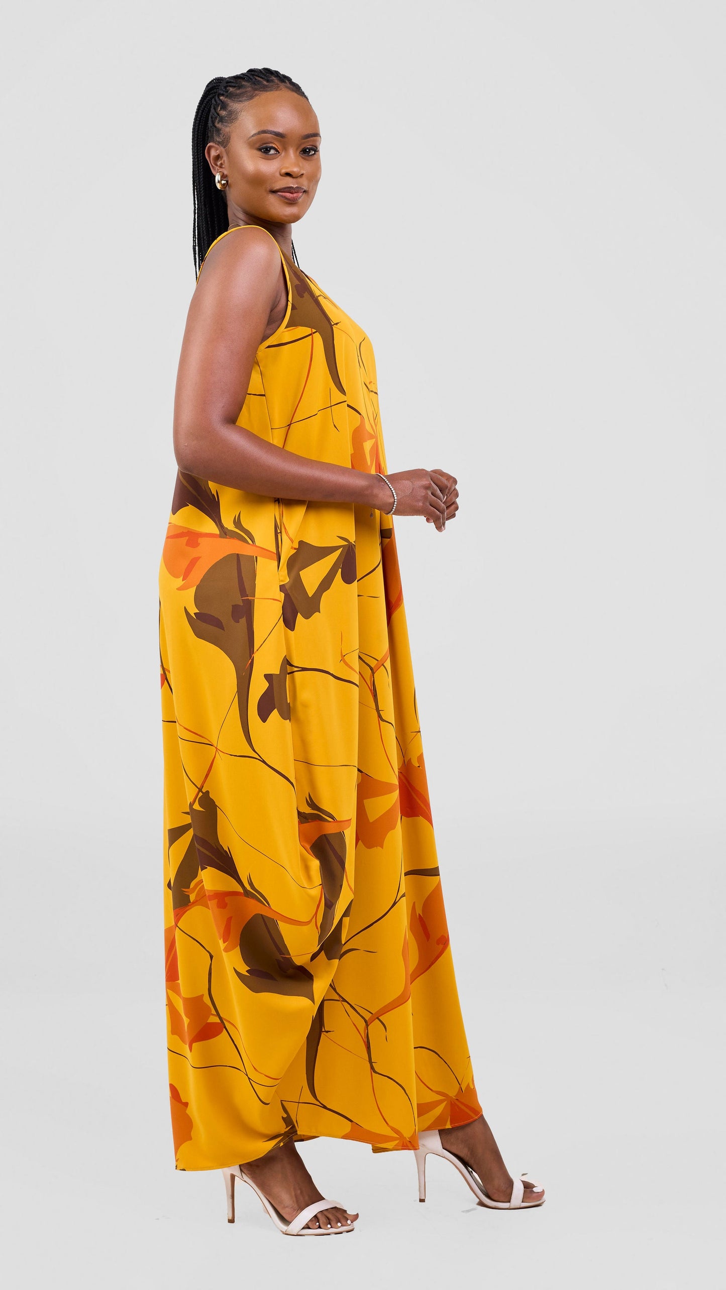 Vivo Kemi Side Cowl Maxi Dress - Light Mustard / Orange Emi Print