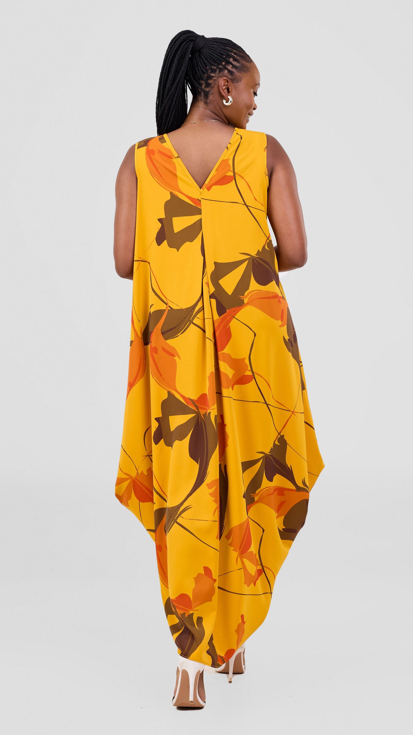 Vivo Kemi Side Cowl Maxi Dress - Light Mustard / Orange Emi Print