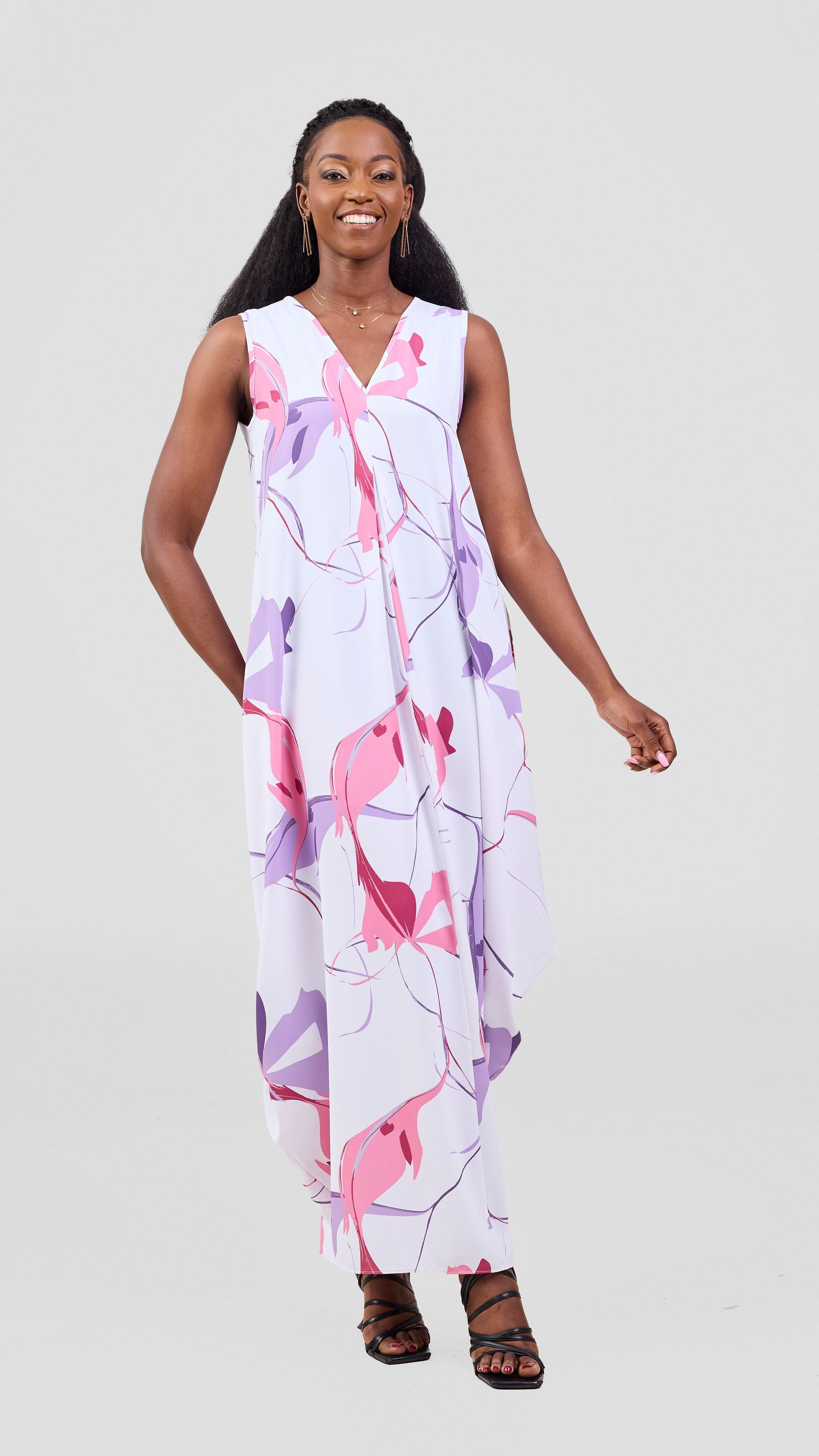 Vivo Kemi Side Cowl Maxi Dress - White / Purple Emi Print