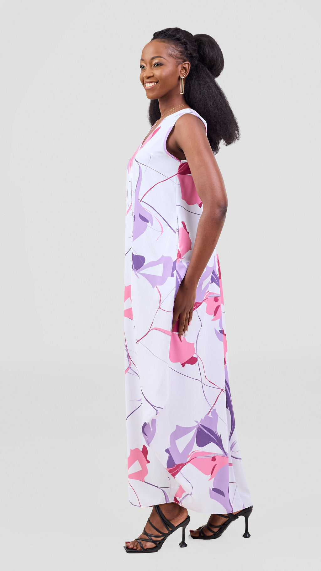 Vivo Kemi Side Cowl Maxi Dress - White / Purple Emi Print