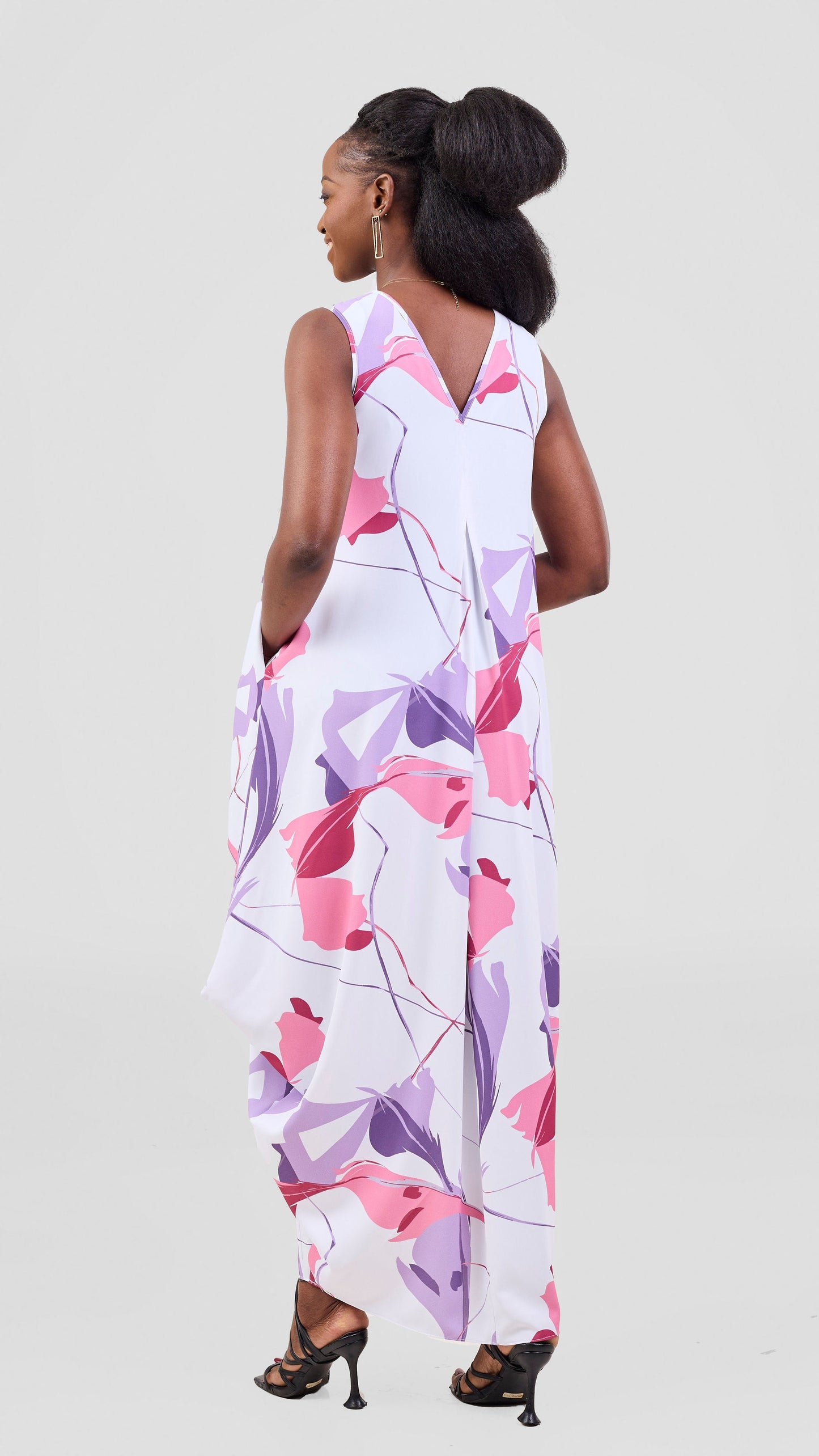 Vivo Kemi Side Cowl Maxi Dress - White / Purple Emi Print