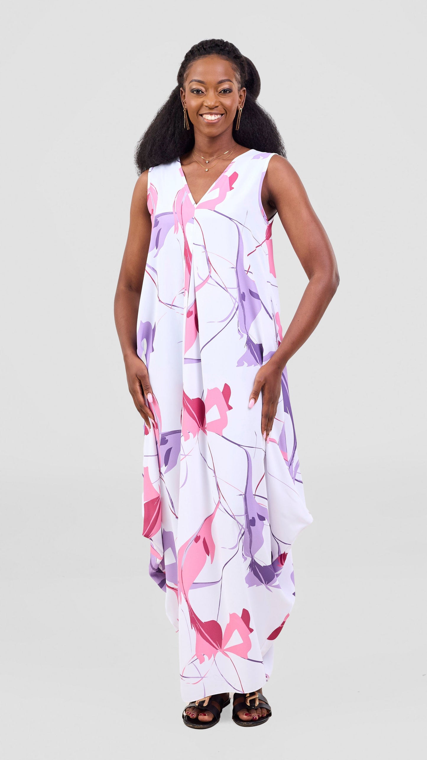 Vivo Kemi Side Cowl Maxi Dress - White / Purple Emi Print