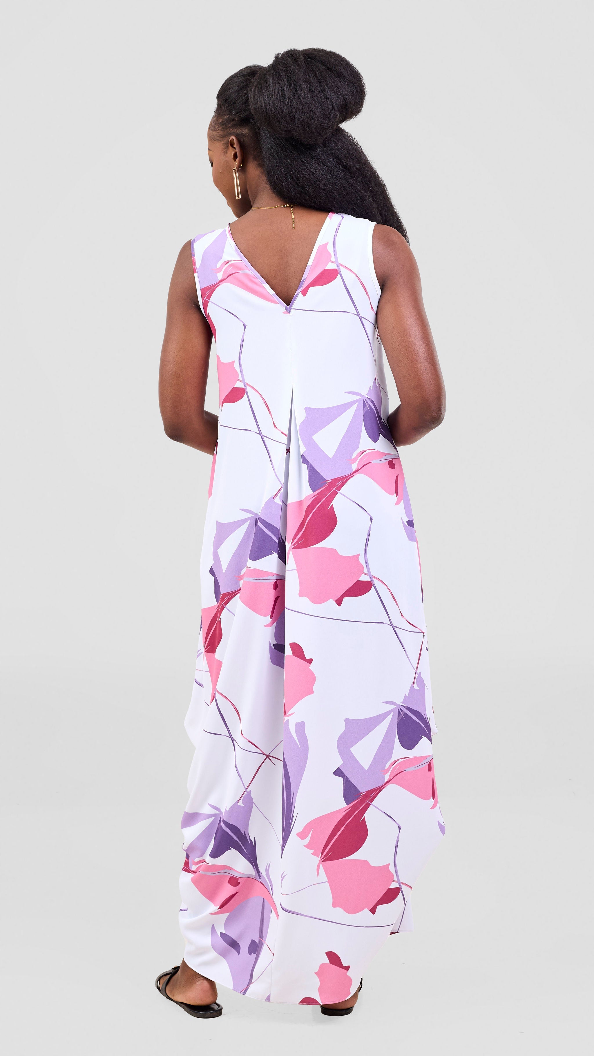 Vivo Kemi Side Cowl Maxi Dress - White / Purple Emi Print