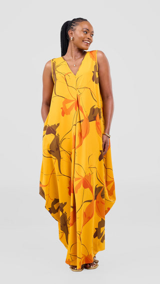 Vivo Kemi Side Cowl Maxi Dress - Light Mustard / Orange Emi Print