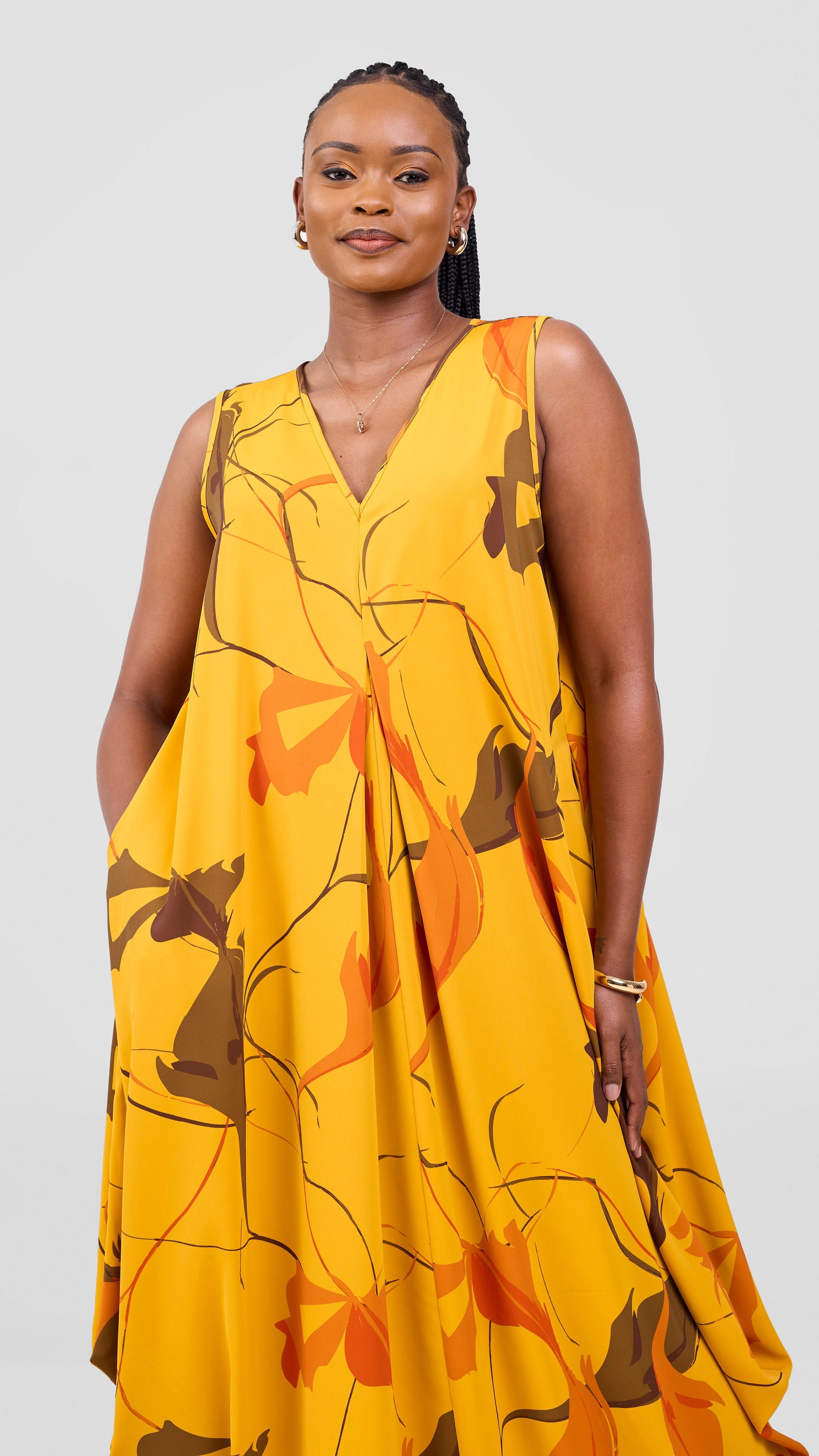 Vivo Kemi Side Cowl Maxi Dress - Light Mustard / Orange Emi Print