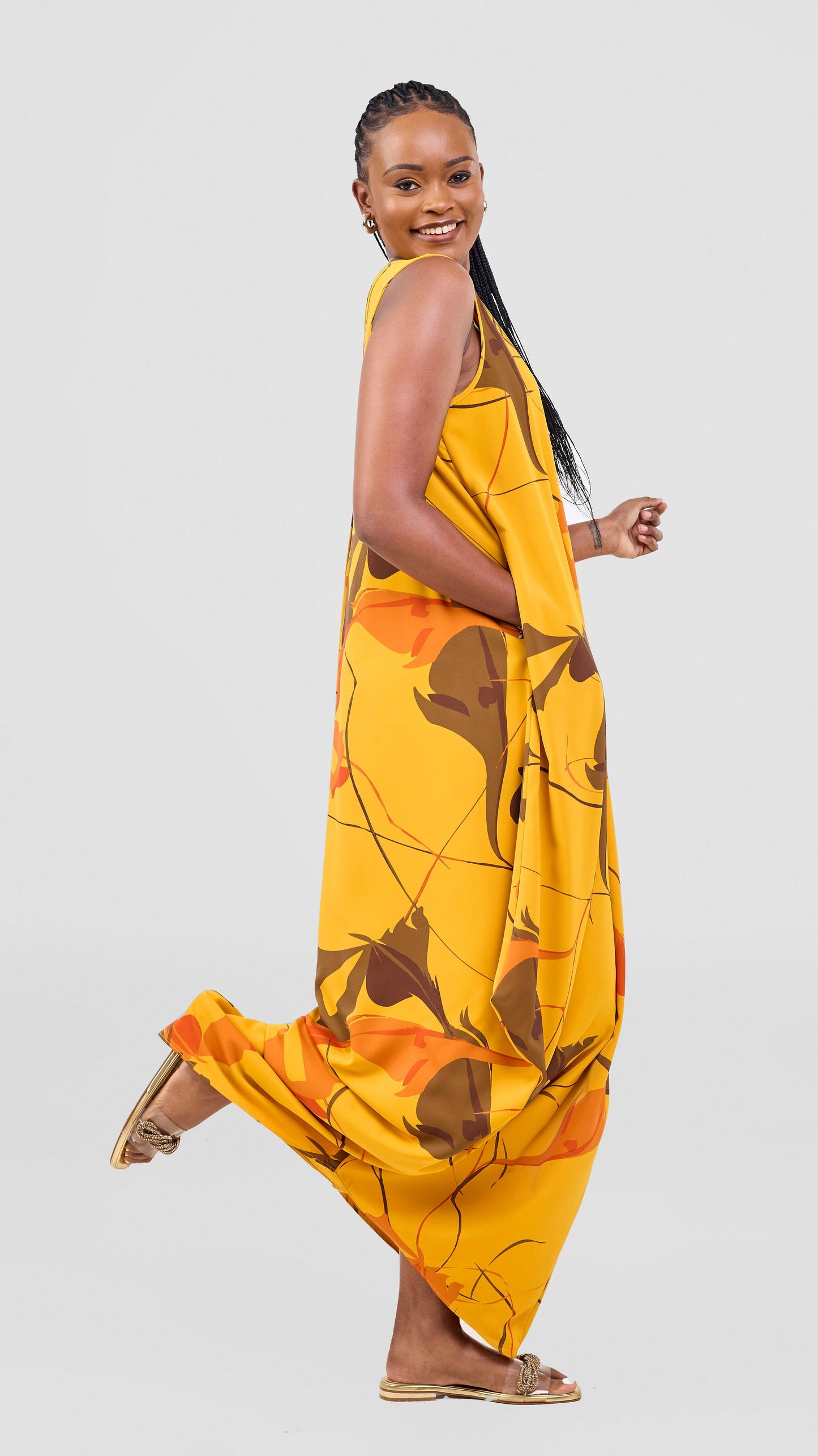 Vivo Kemi Side Cowl Maxi Dress - Light Mustard / Orange Emi Print