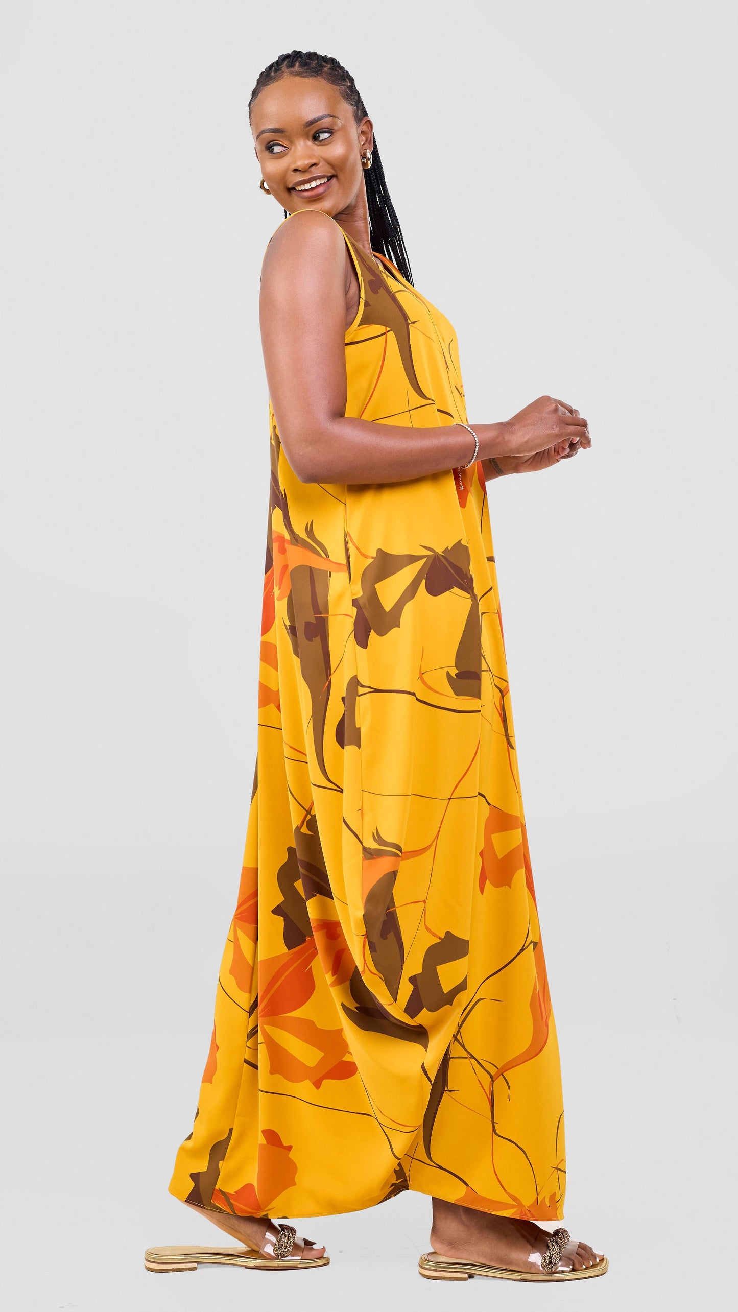 Vivo Kemi Side Cowl Maxi Dress - Light Mustard / Orange Emi Print