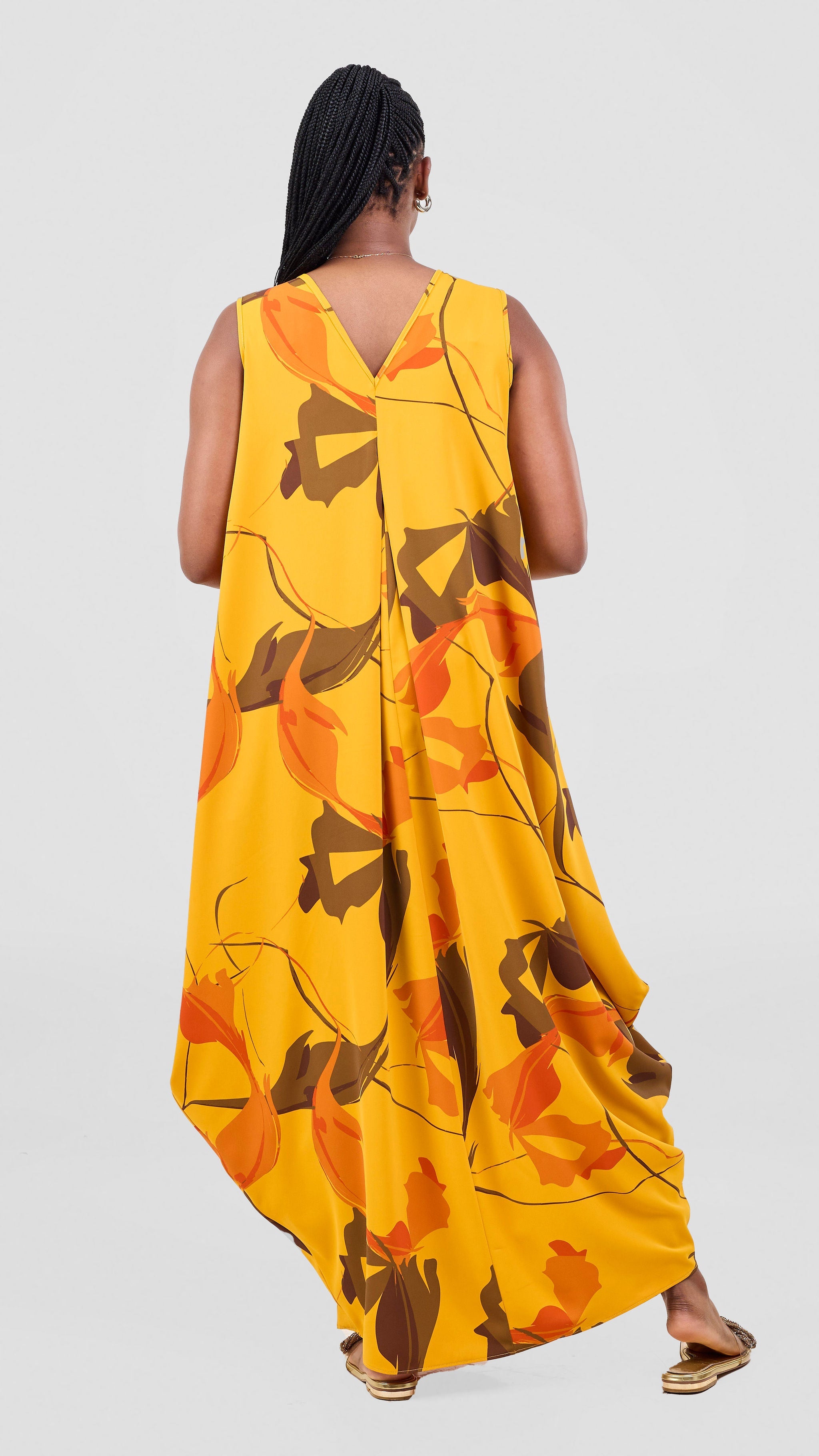 Vivo Kemi Side Cowl Maxi Dress - Light Mustard / Orange Emi Print