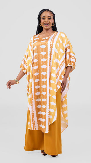 Vivo Essi Scalloped Top - White / Dark Mustard Print