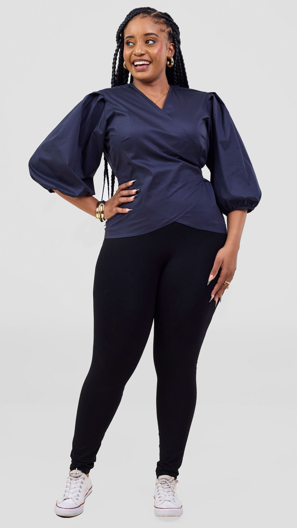 Vivo Cotton 3/4 Sleeve Wrap Top - Navy Blue