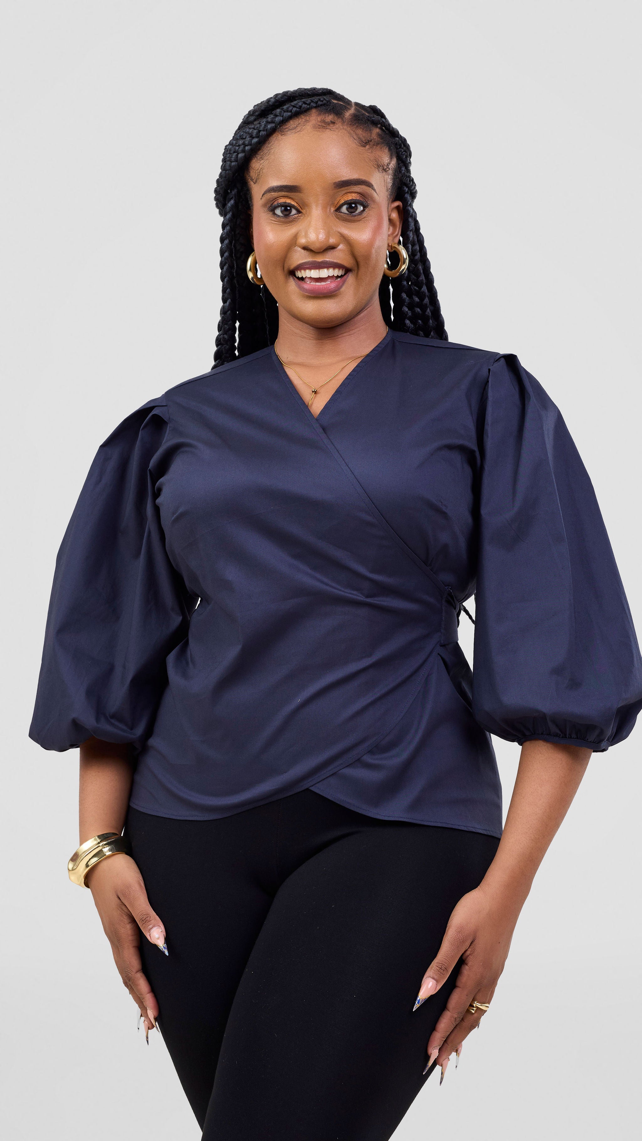 Vivo Cotton 3/4 Sleeve Wrap Top - Navy Blue