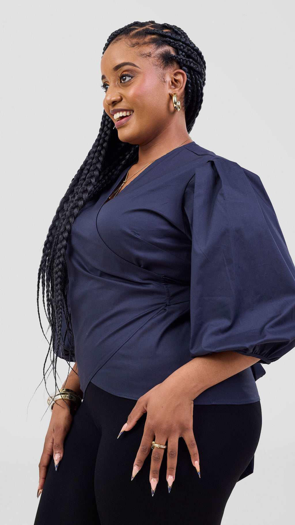 Vivo Cotton 3/4 Sleeve Wrap Top - Navy Blue