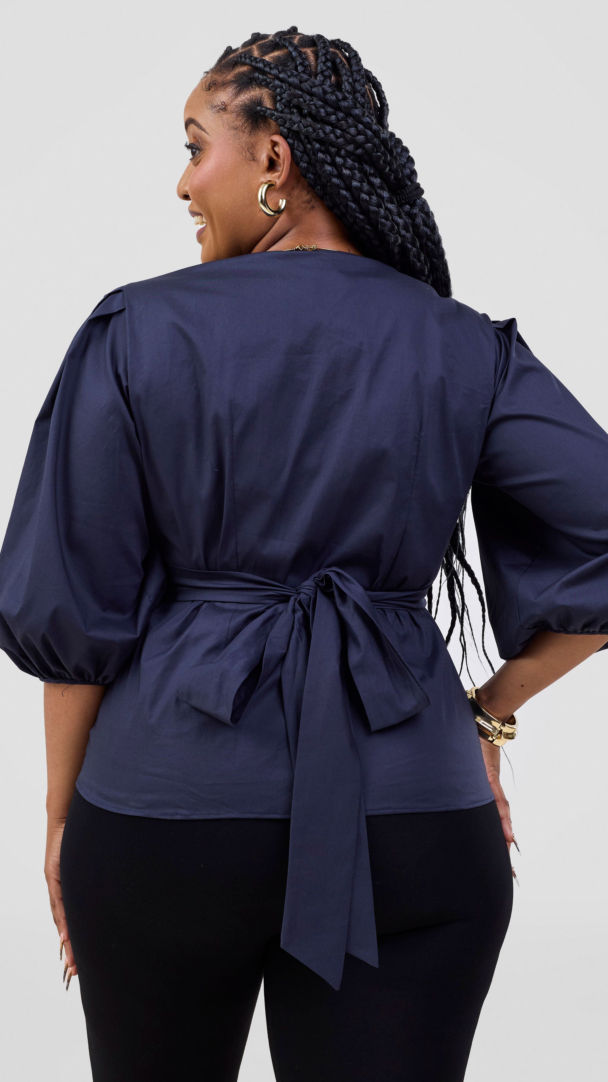 Vivo Cotton 3/4 Sleeve Wrap Top - Navy Blue