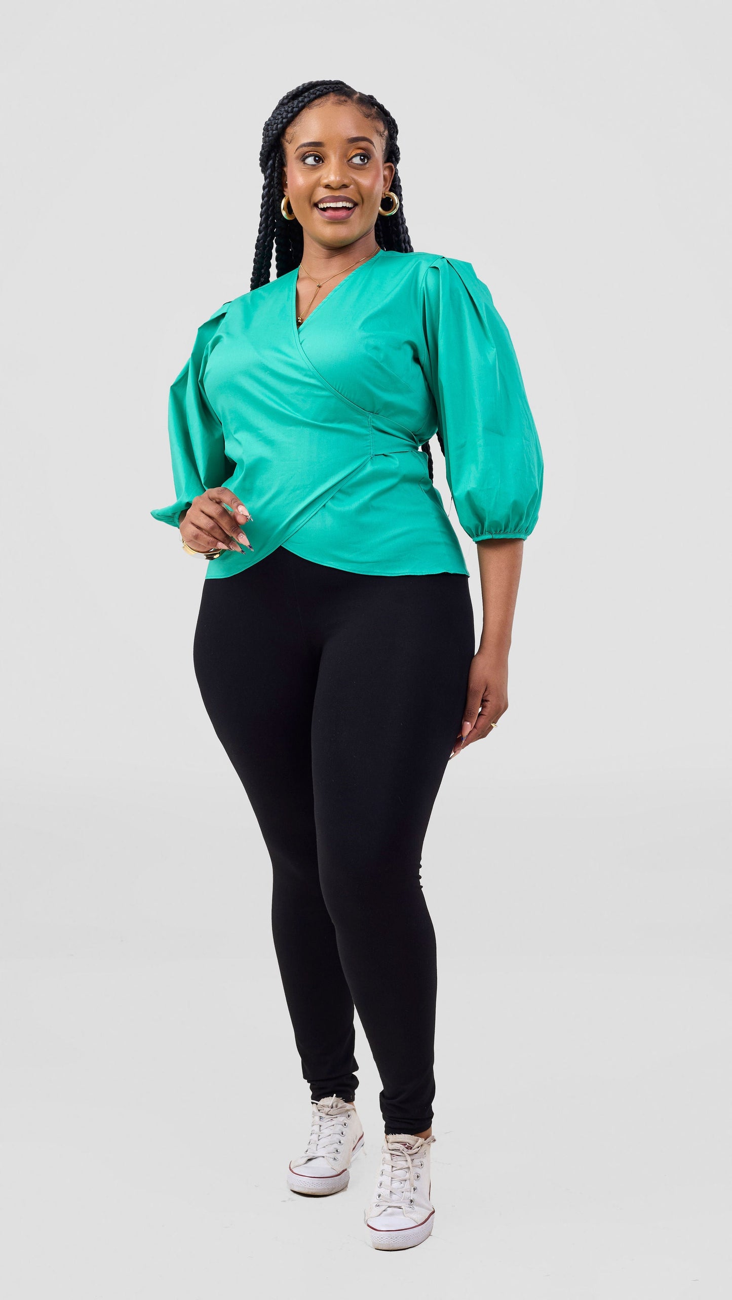 Vivo Cotton 3/4 Sleeve Wrap Top - Sea Green