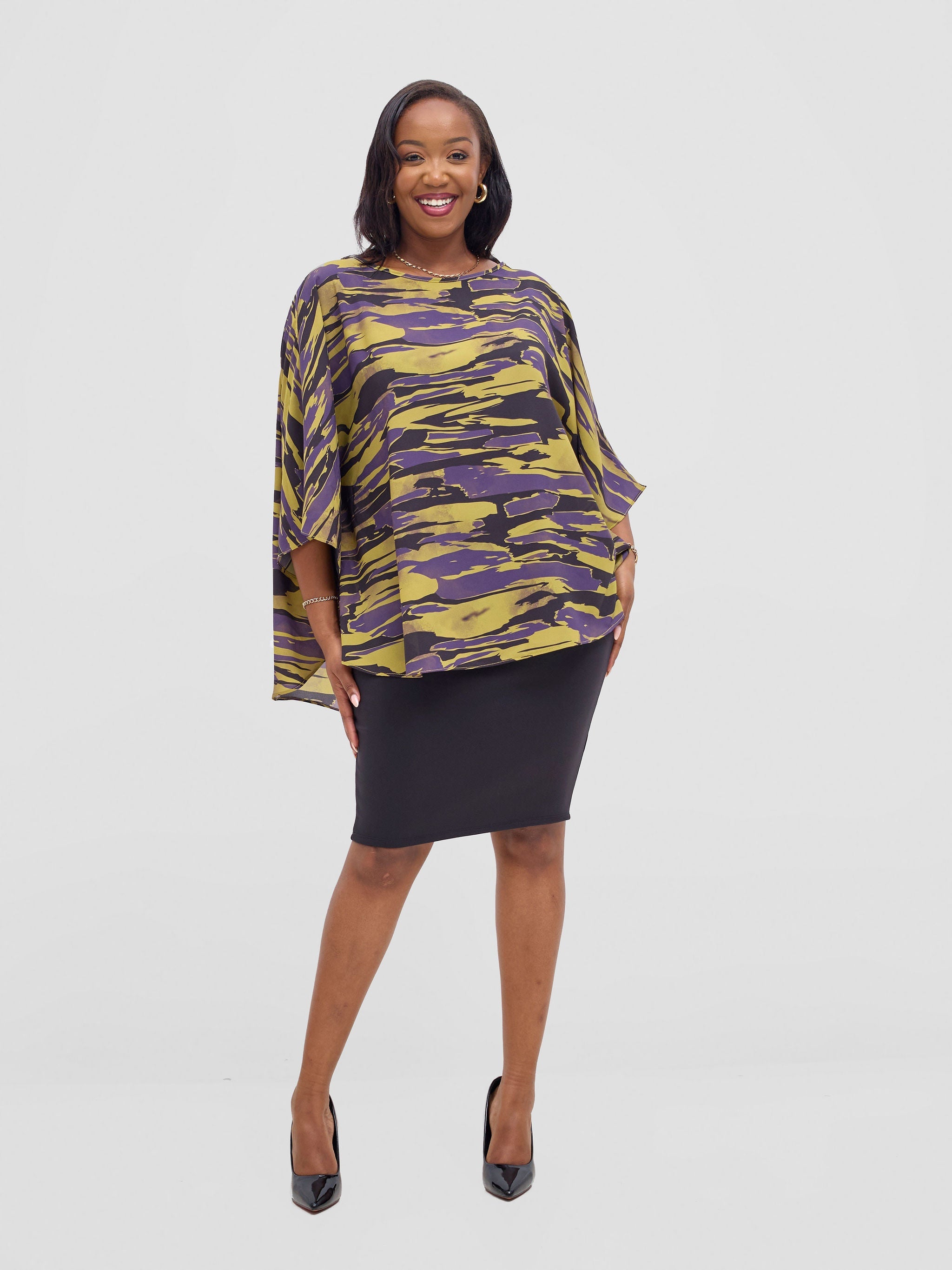 Vivo Sakari Circular Loose Top - Yellow / Purple Print